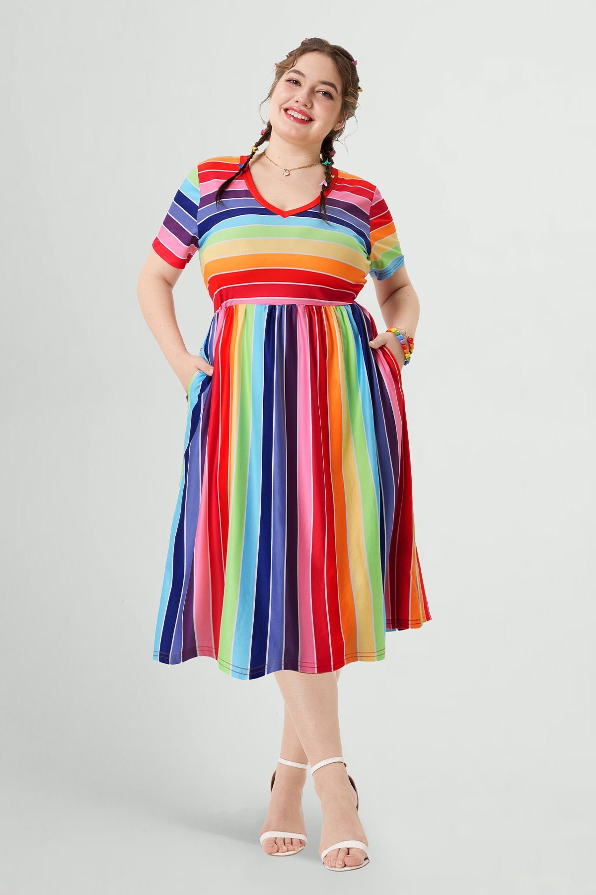 Pockets Elastic Rainbow Striped Midi Dress