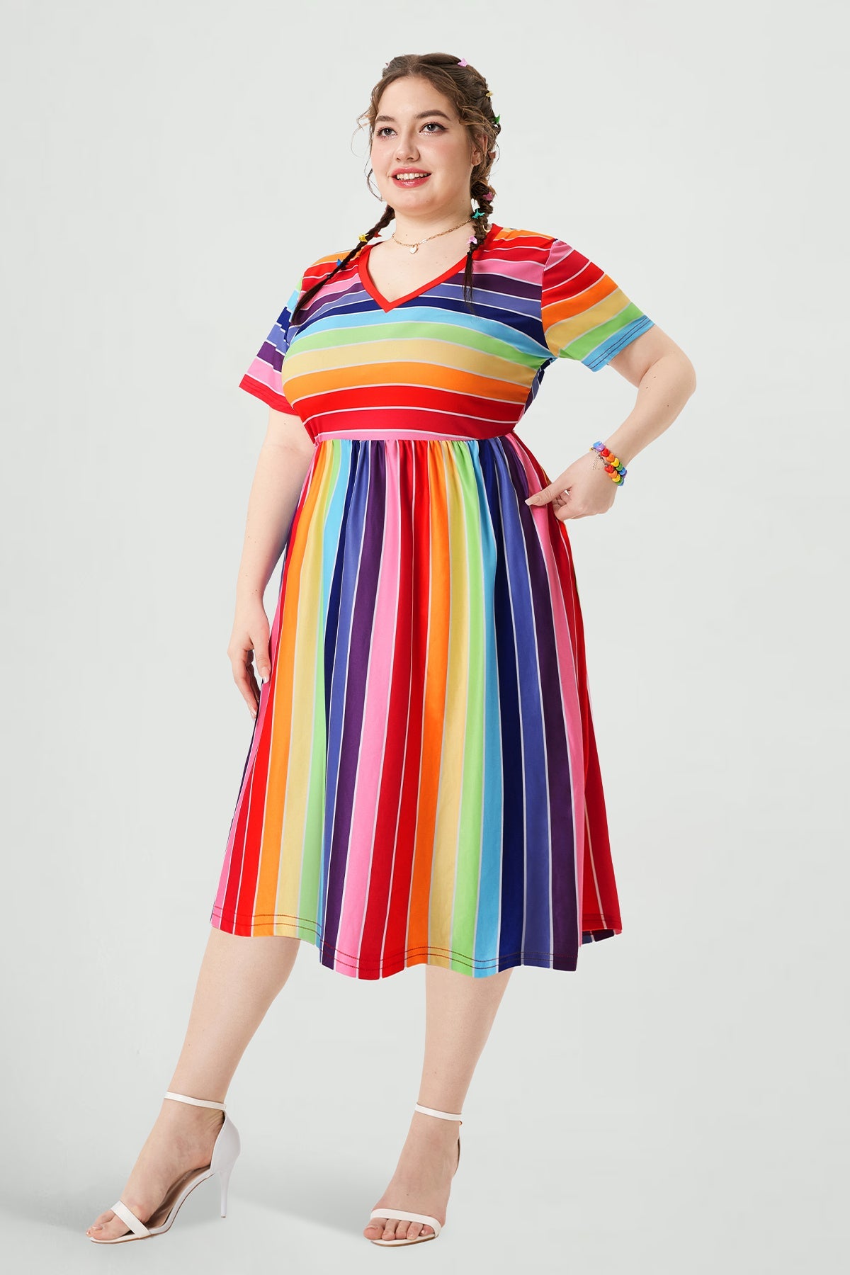 Pocket Rainbow Striped V Neck Midi Dress