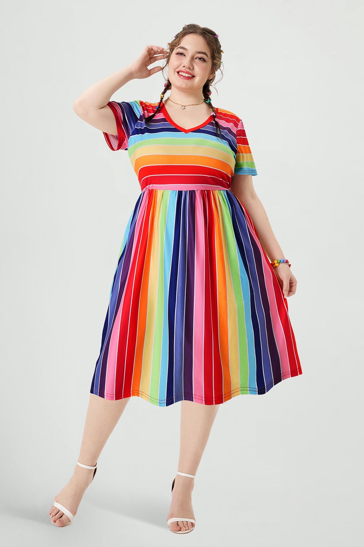 Pocket Rainbow Striped V Neck Midi Dress