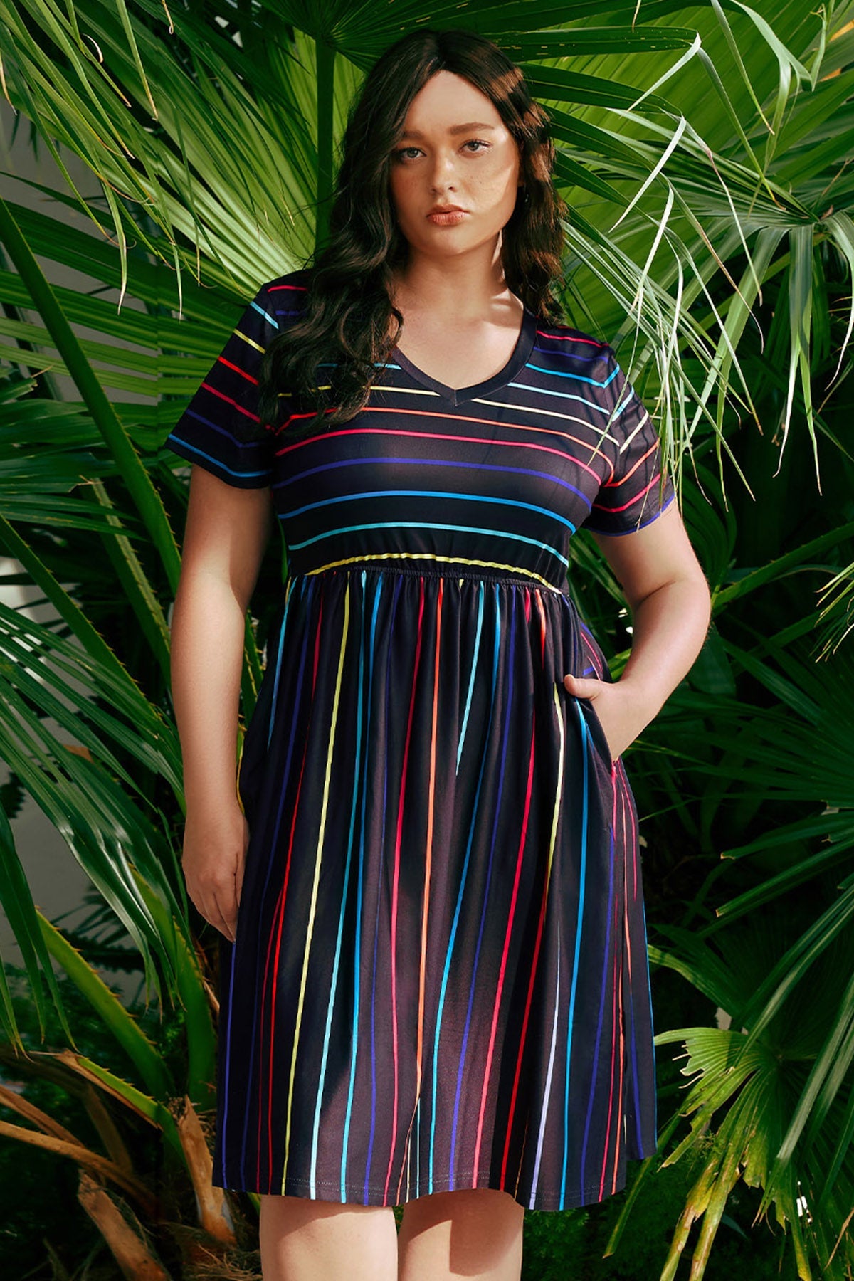 Pockets Elastic Rainbow Striped Midi Dress