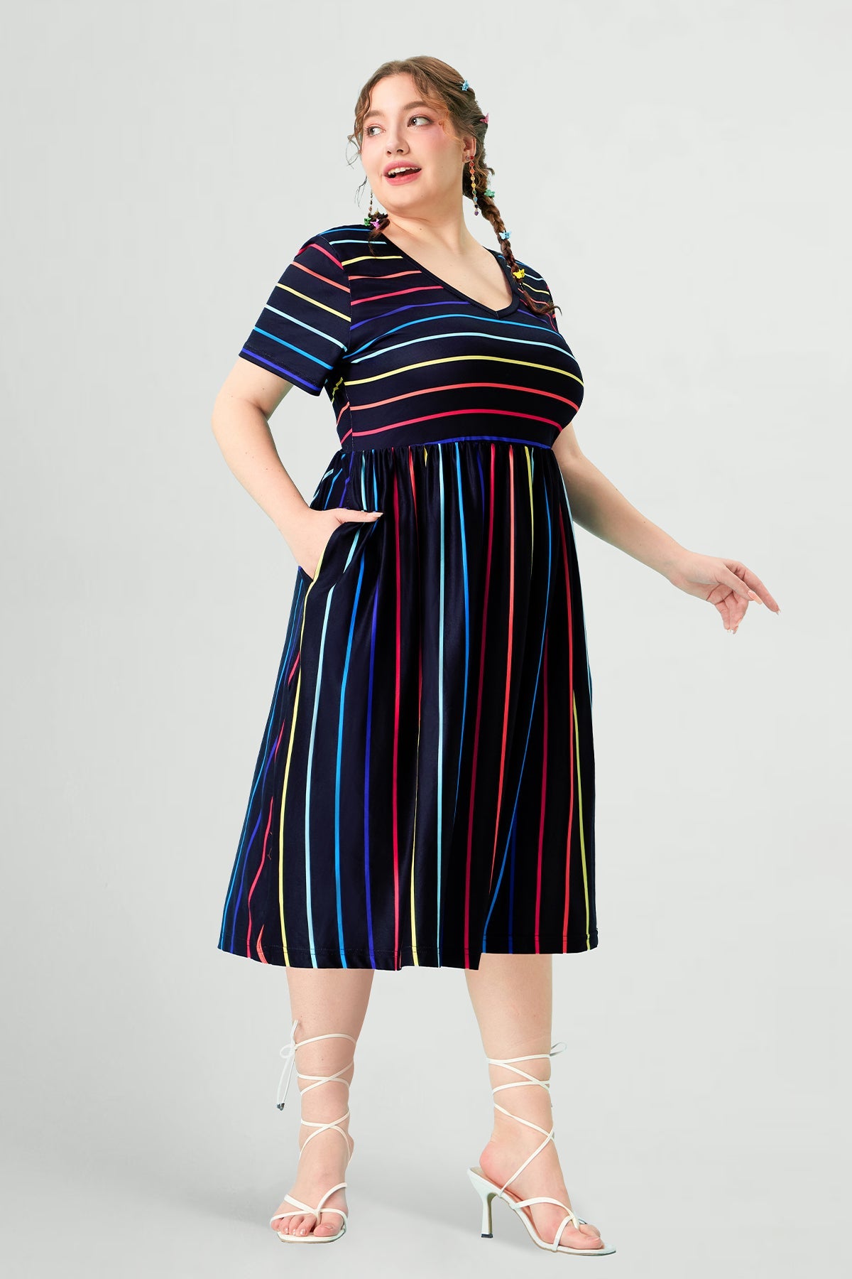 Pockets Elastic Rainbow Striped Midi Dress