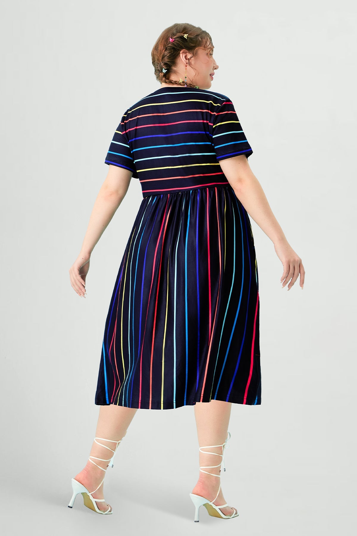 Pocket Rainbow Striped V Neck Midi Dress