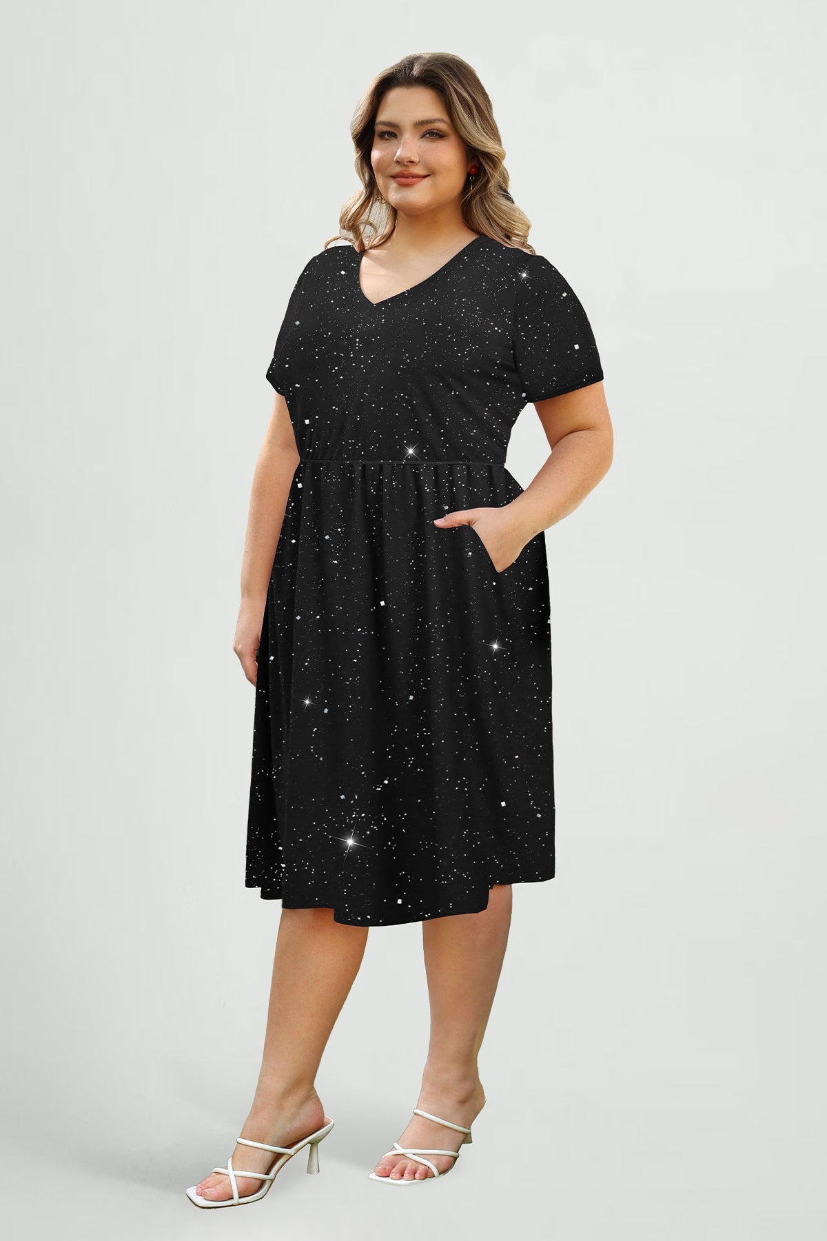 Pockets Floral Print Elastic Waist A-line Midi Dress