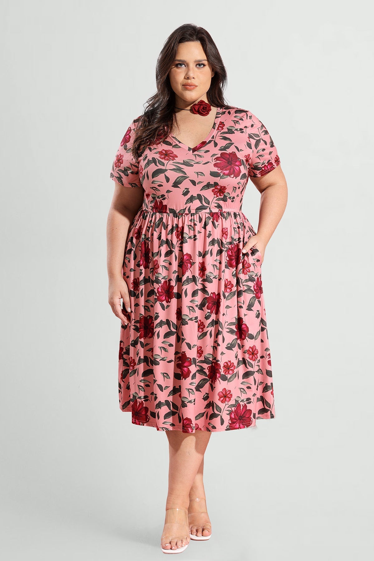 Pockets Floral Print Elastic Waist A-line Midi Dress