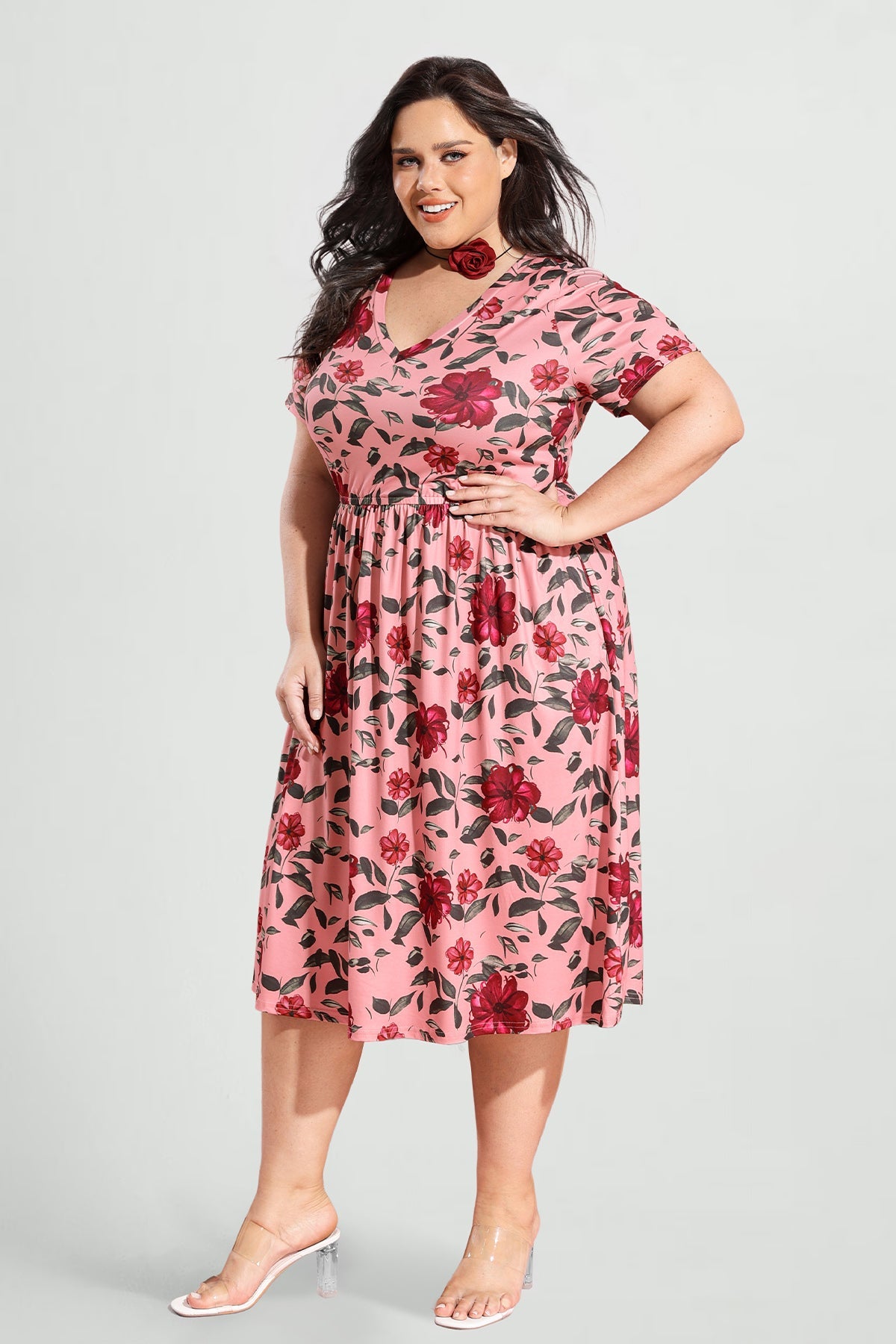 Ritera Pockets Elastic Waist Floral A-line Midi Dress