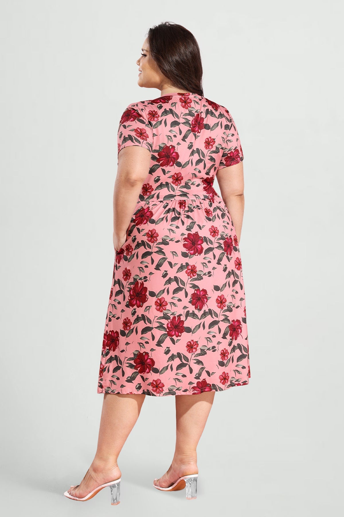 Pockets Floral Print Elastic Waist A-line Midi Dress