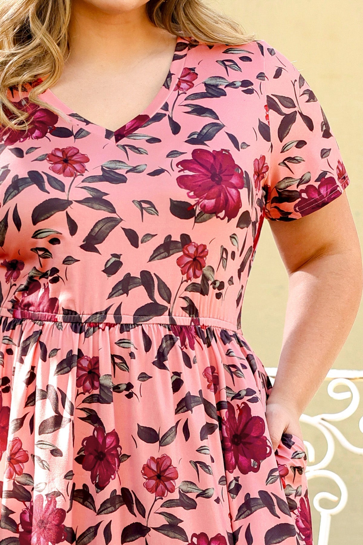 Pockets Floral Print Elastic Waist A-line Midi Dress