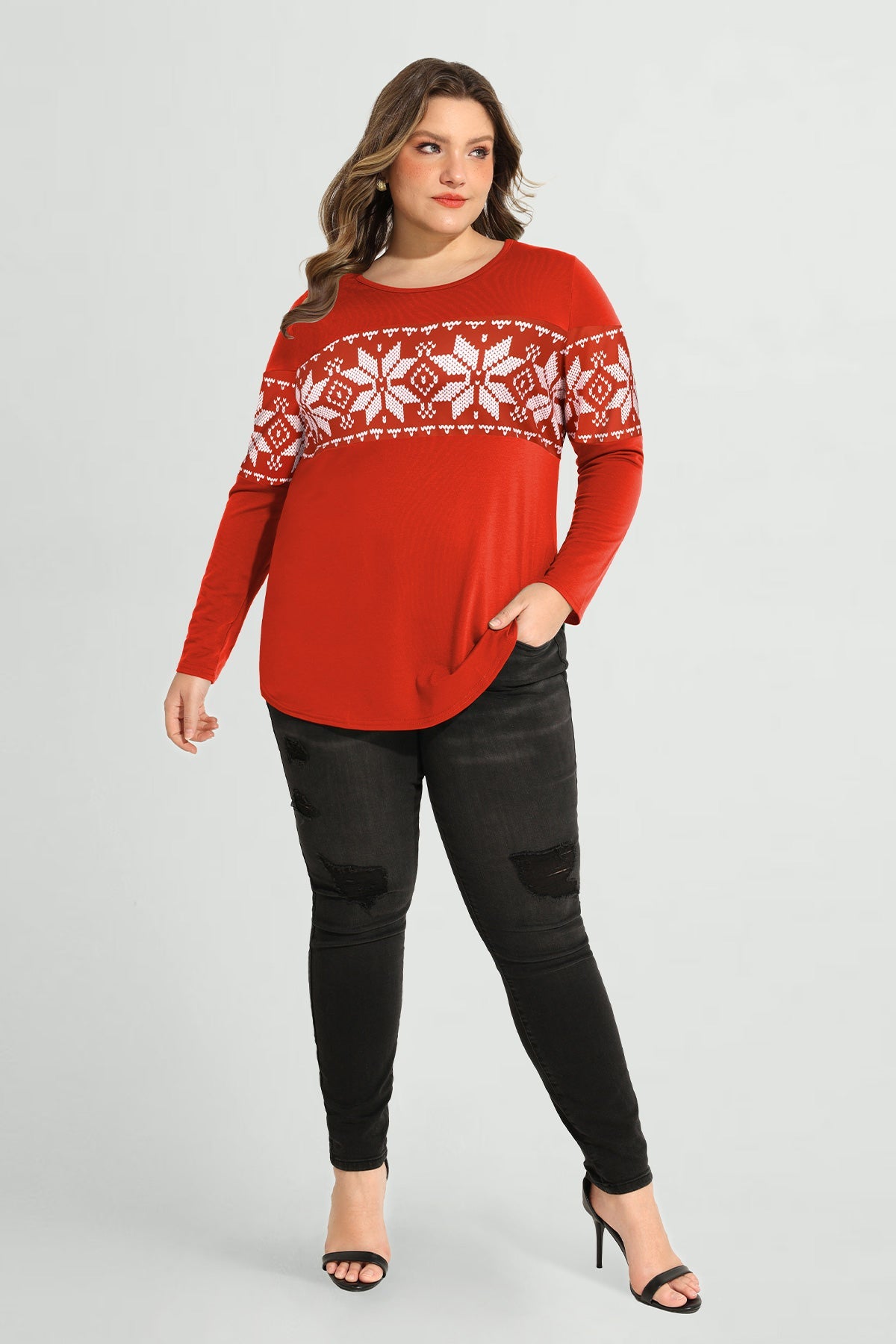 Ritera Colorblock Snowflake Print Long Sleeve T-Shirt