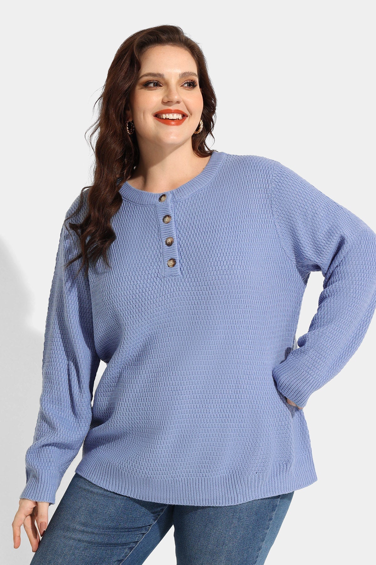 Button Up Neckline Texture Woolen Sweater