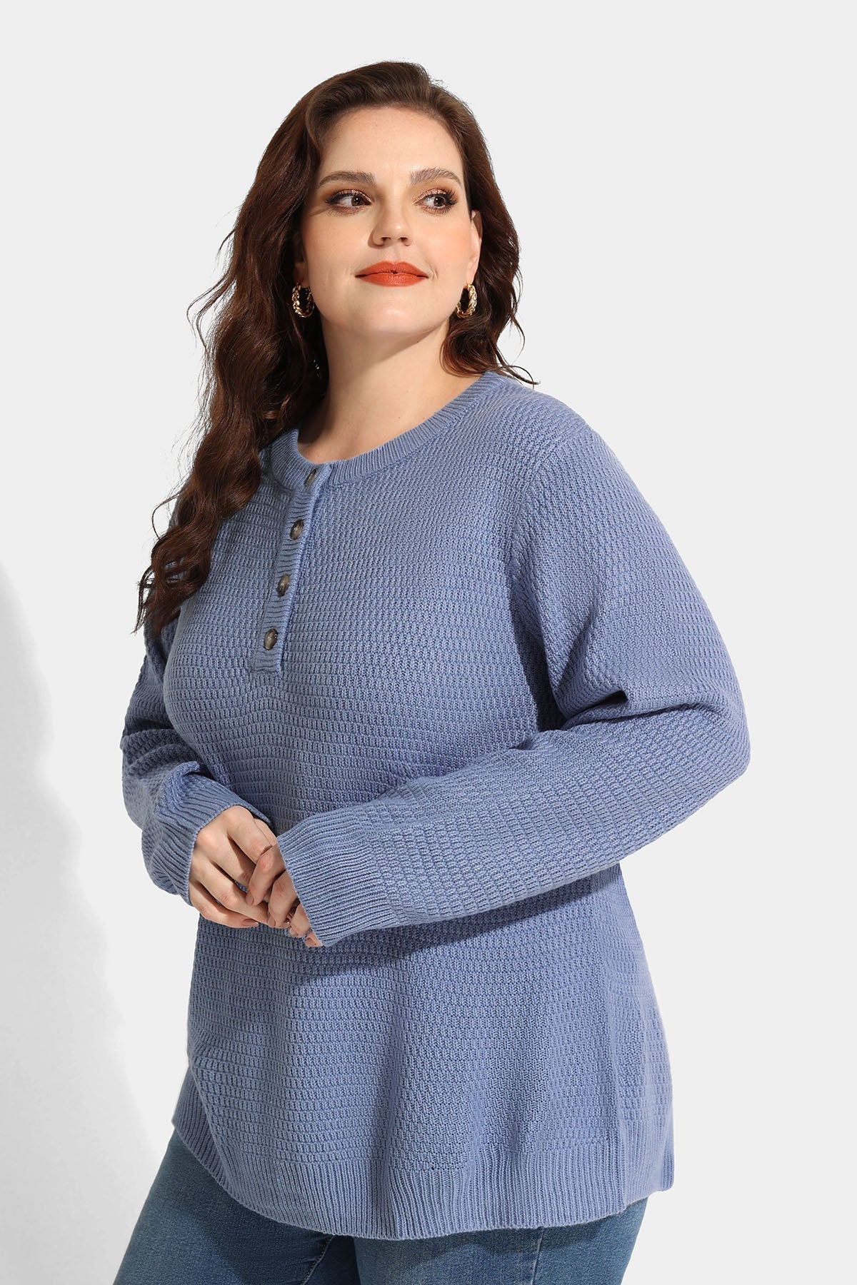 Button Up Neckline Texture Woolen Sweater