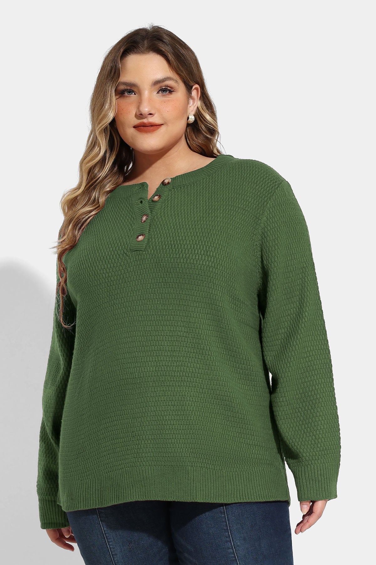 Button Up Neckline Texture Woolen Sweater