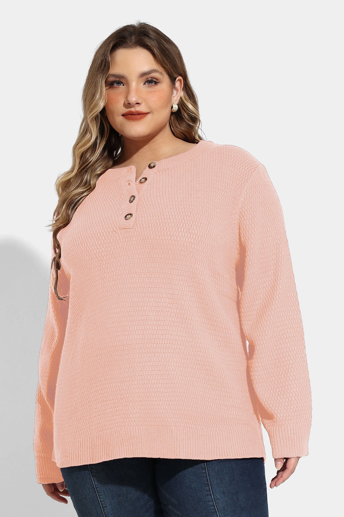 Button Up Neckline Texture Woolen Sweater