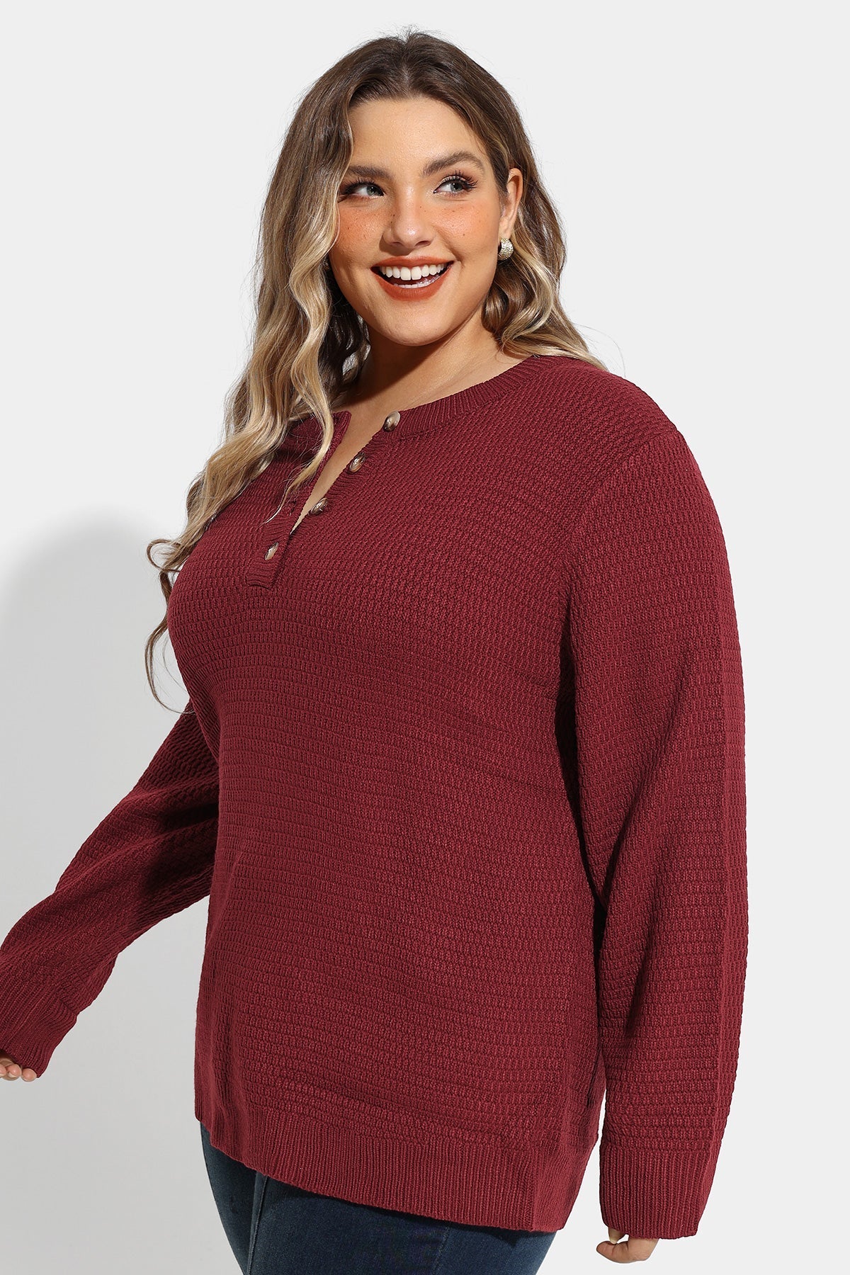 Button Up Neckline Texture Woolen Sweater