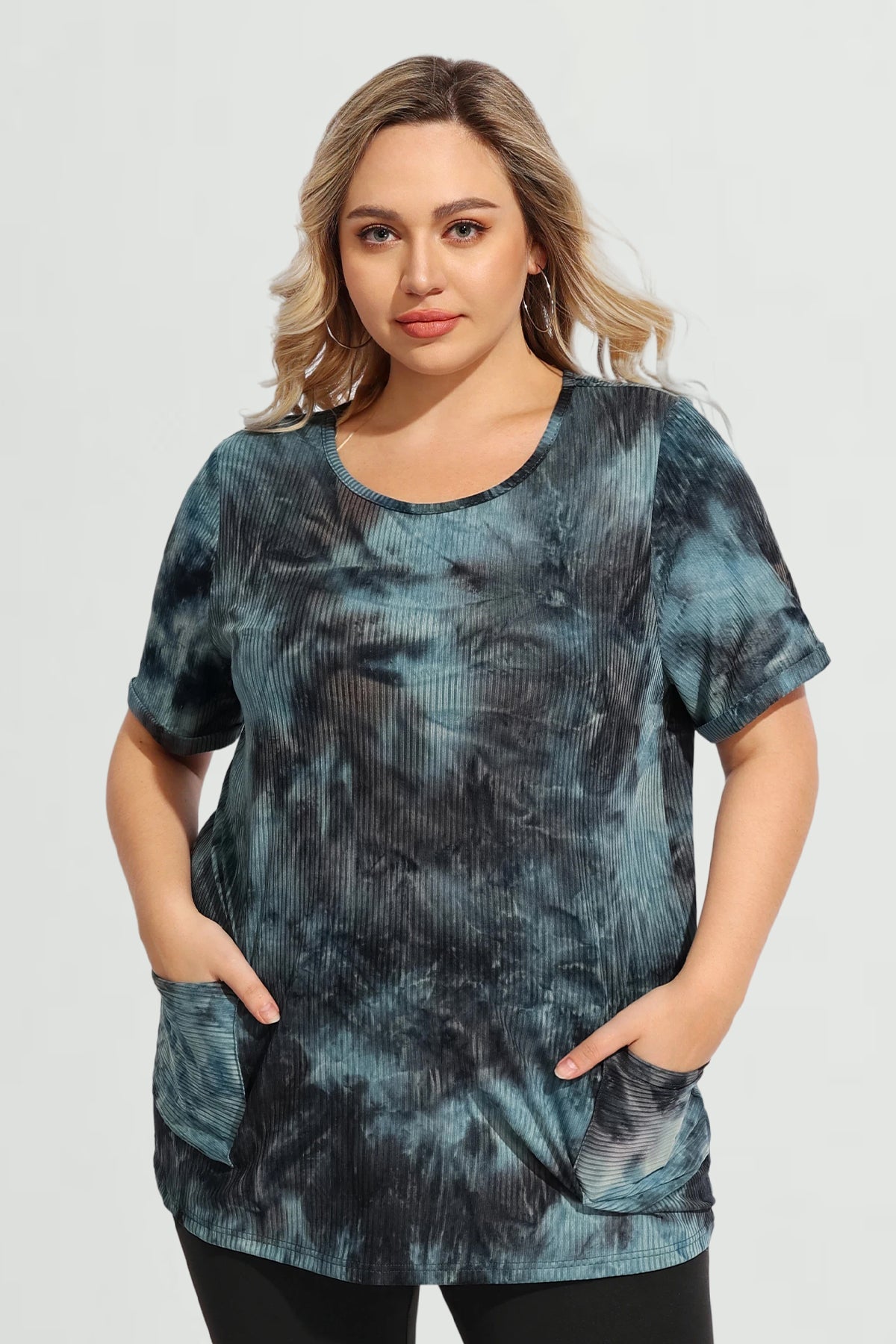 Ritera Tie Dye Texture Crew Neck Pockets Tunic T-Shirt