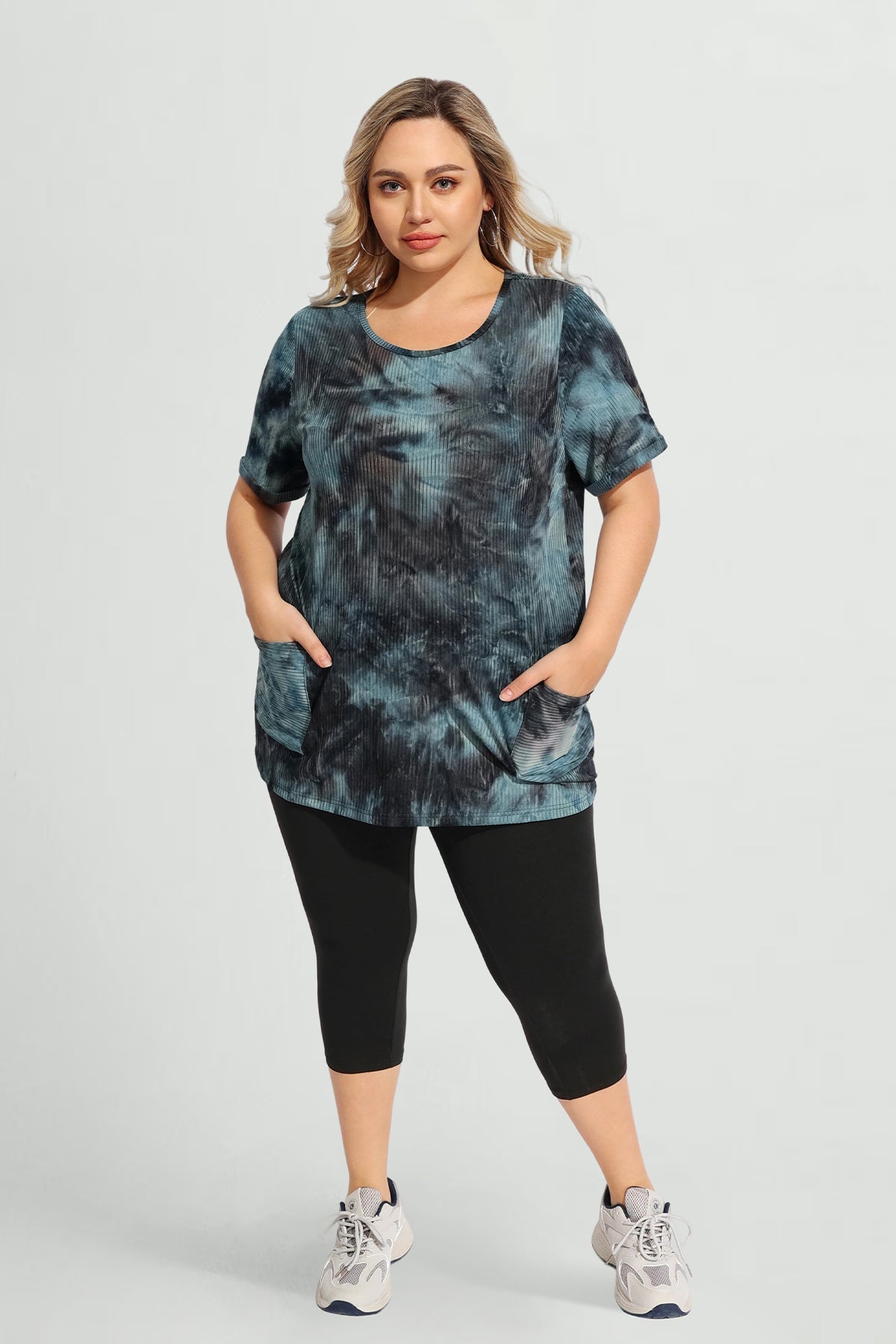 Ritera Tie Dye Texture Crew Neck Pockets Tunic T-Shirt