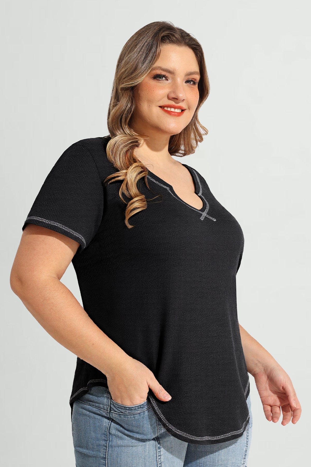 Solid Lined Edge Sexy Notched V Neck T-Shirt