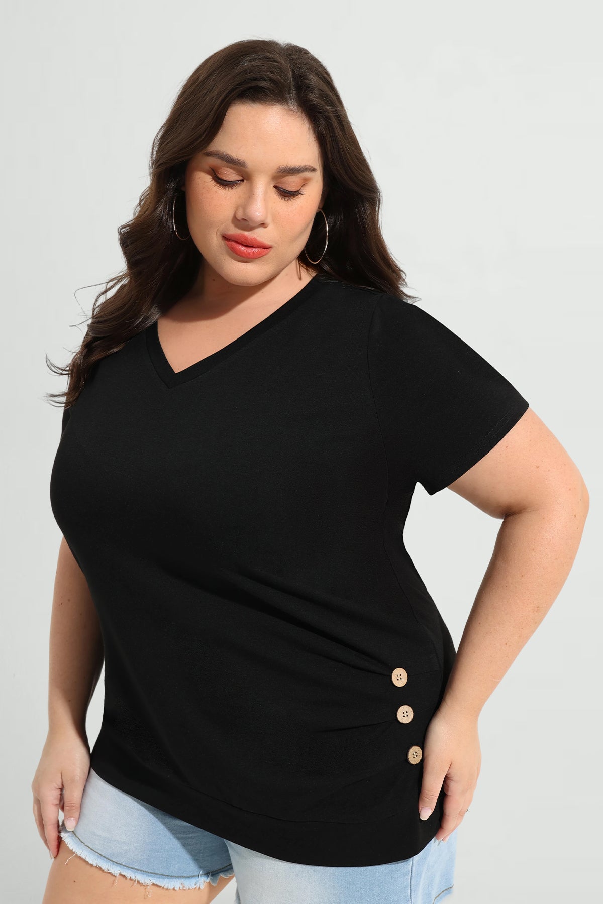 Ritera Solid Button Side V Neck Short Sleeve T-Shirt