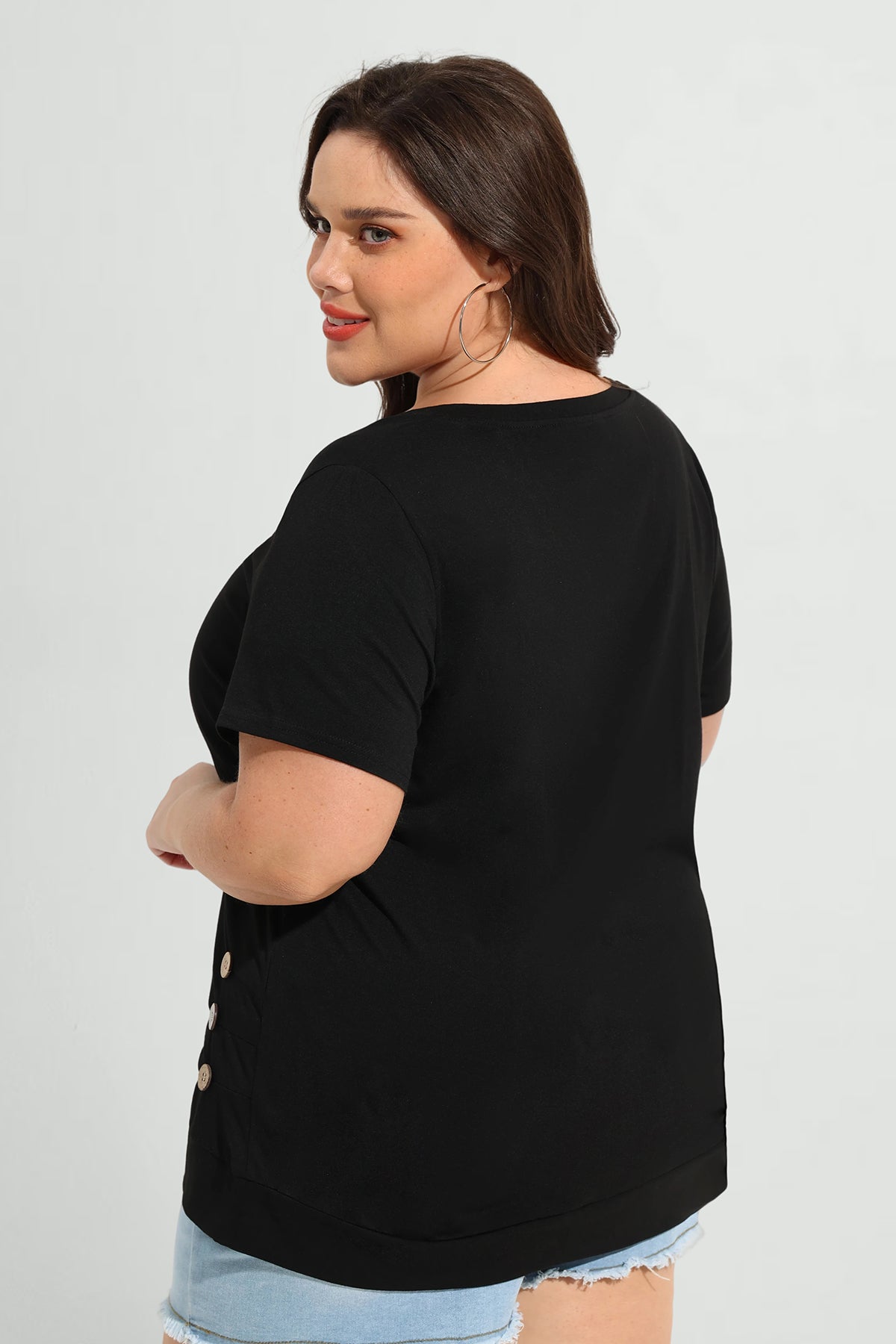 Ritera Solid Button Side V Neck Short Sleeve T-Shirt