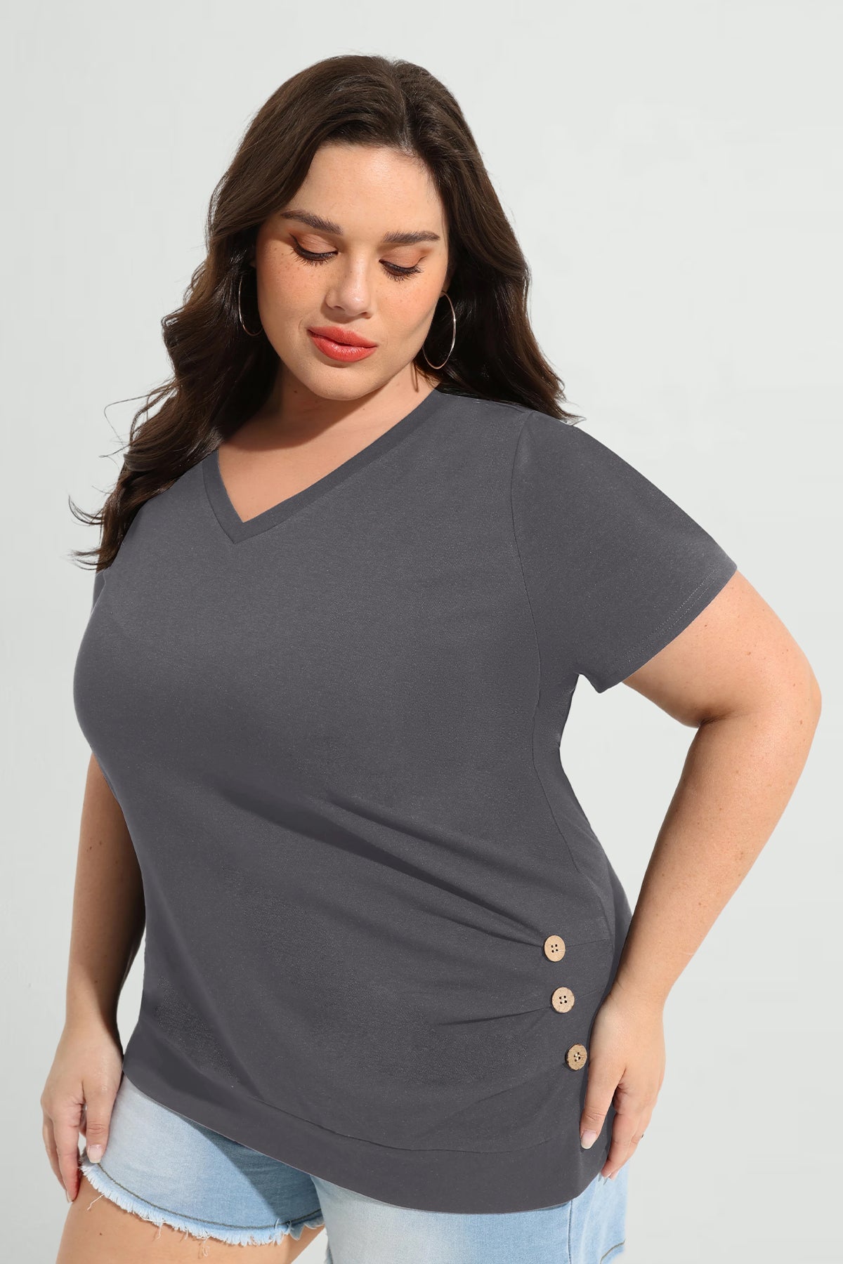 Ritera Solid Button Side V Neck Short Sleeve T-Shirt