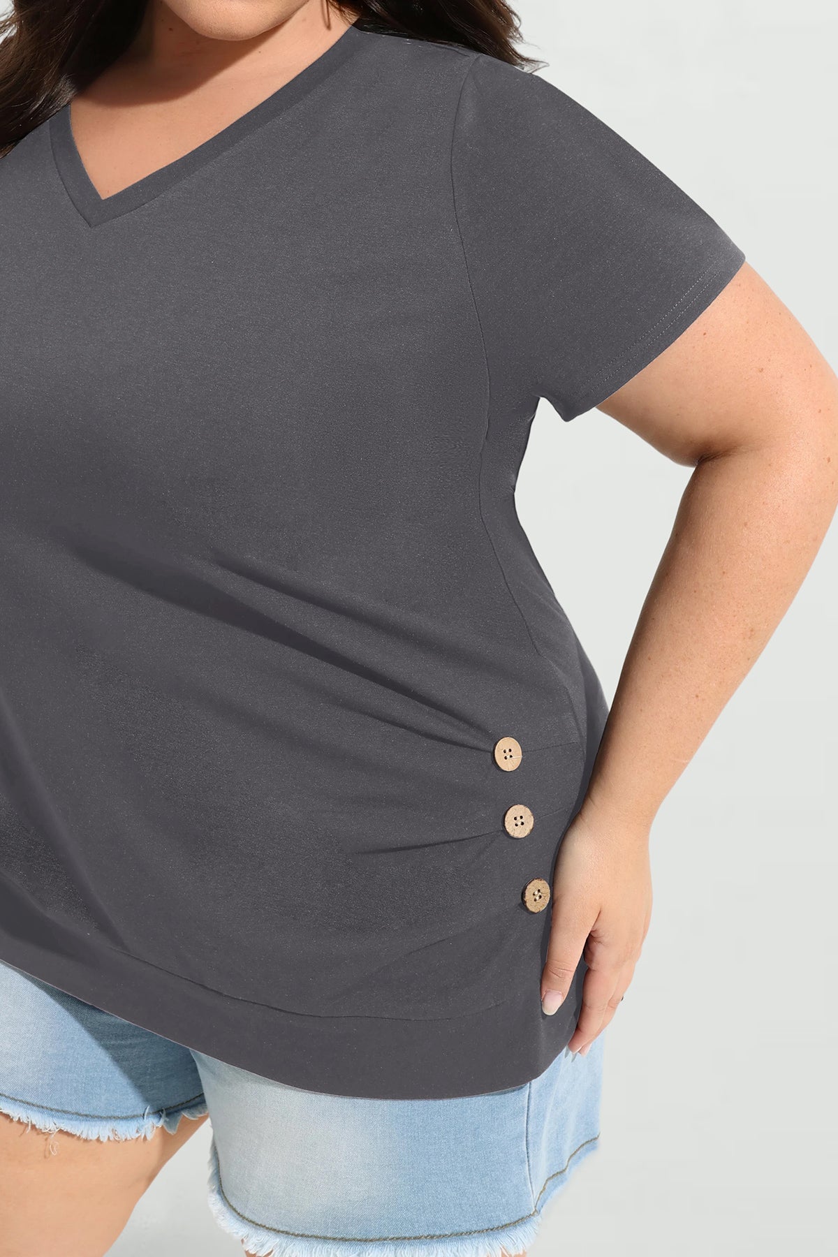 Ritera Solid Button Side V Neck Short Sleeve T-Shirt