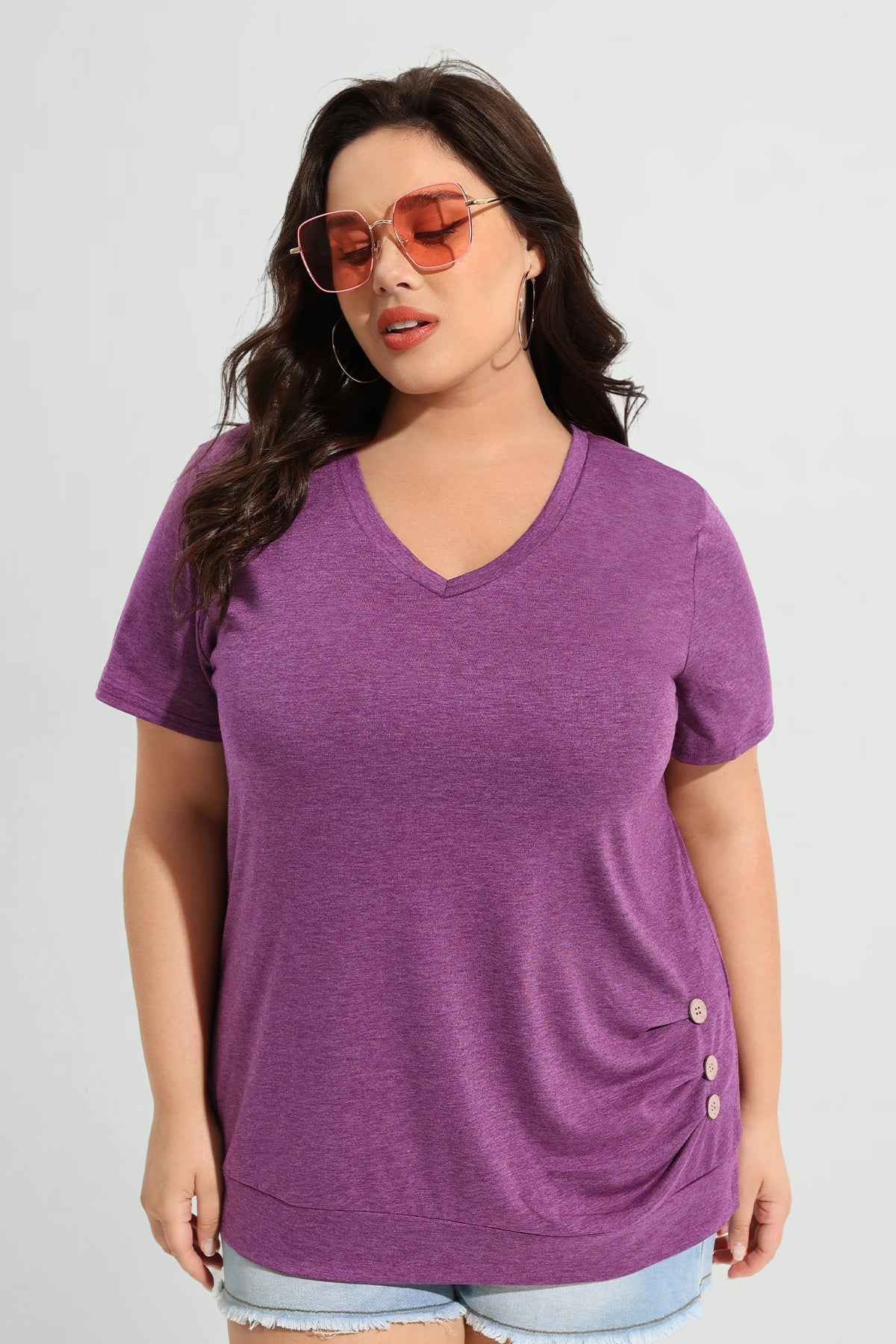 Ritera Solid Button Side V Neck Short Sleeve T-Shirt