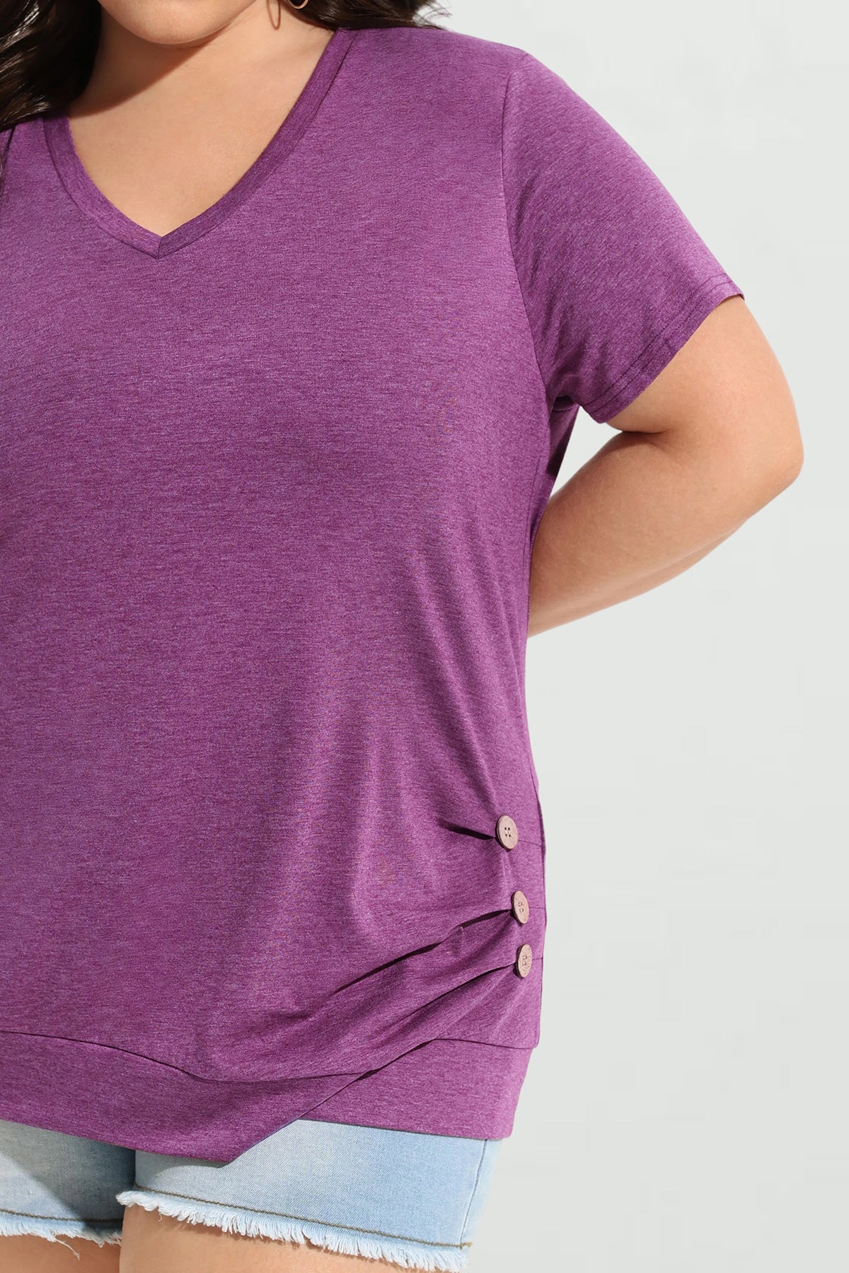 Ritera Solid Button Side V Neck Short Sleeve T-Shirt