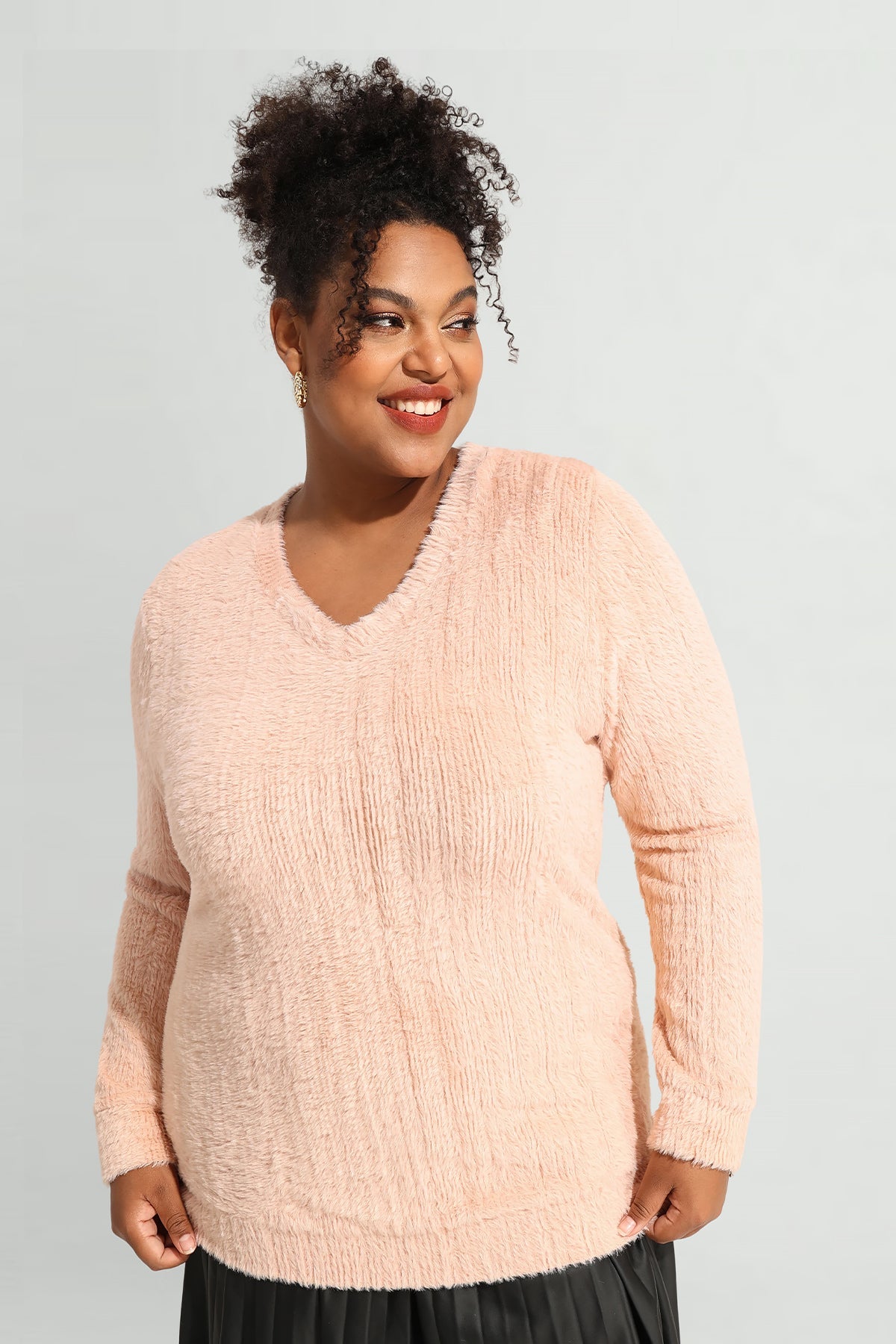 Solid V Neck Knit Velvet Long Sleeve Pullover Sweater