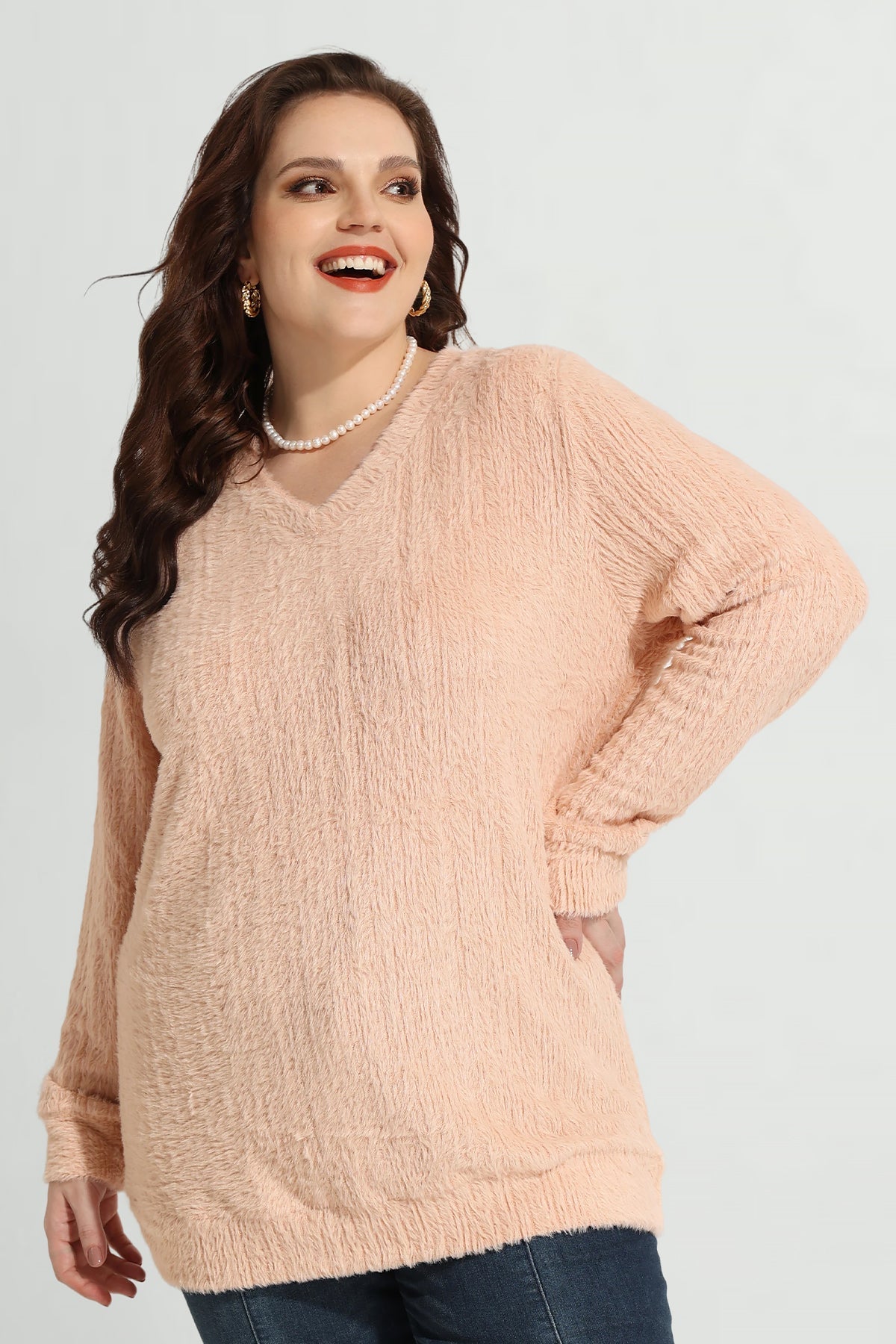 Texture V Neck Knit Velvet Long Sleeve Pullover Sweater