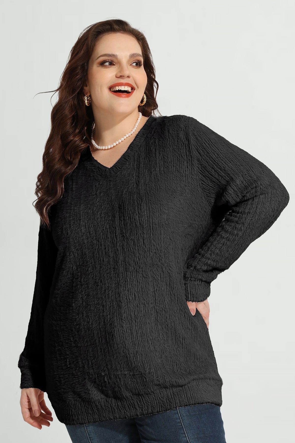 Texture V Neck Knit Velvet Long Sleeve Pullover Sweater