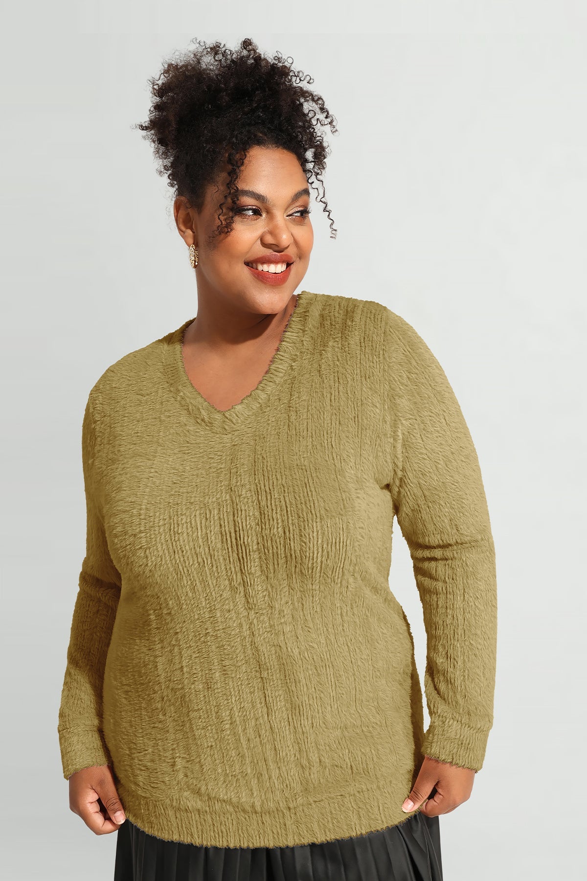 Solid V Neck Knit Velvet Long Sleeve Pullover Sweater