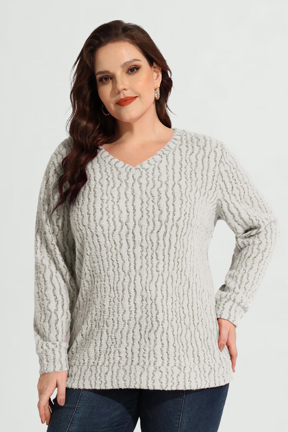 Texture V Neck Knit Velvet Long Sleeve Pullover Sweater