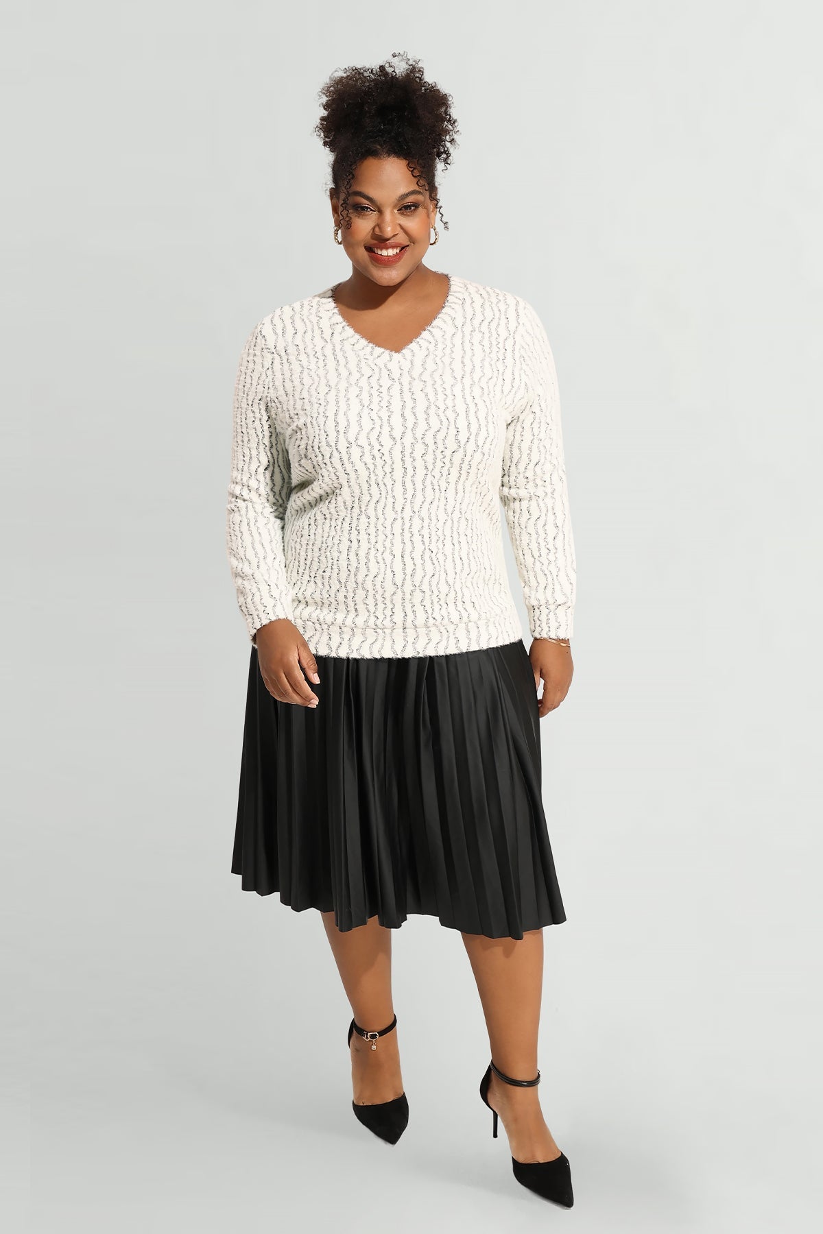 Solid V Neck Knit Velvet Long Sleeve Pullover Sweater