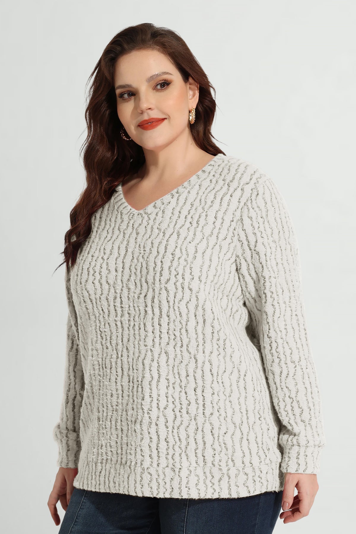 Texture V Neck Knit Velvet Long Sleeve Pullover Sweater