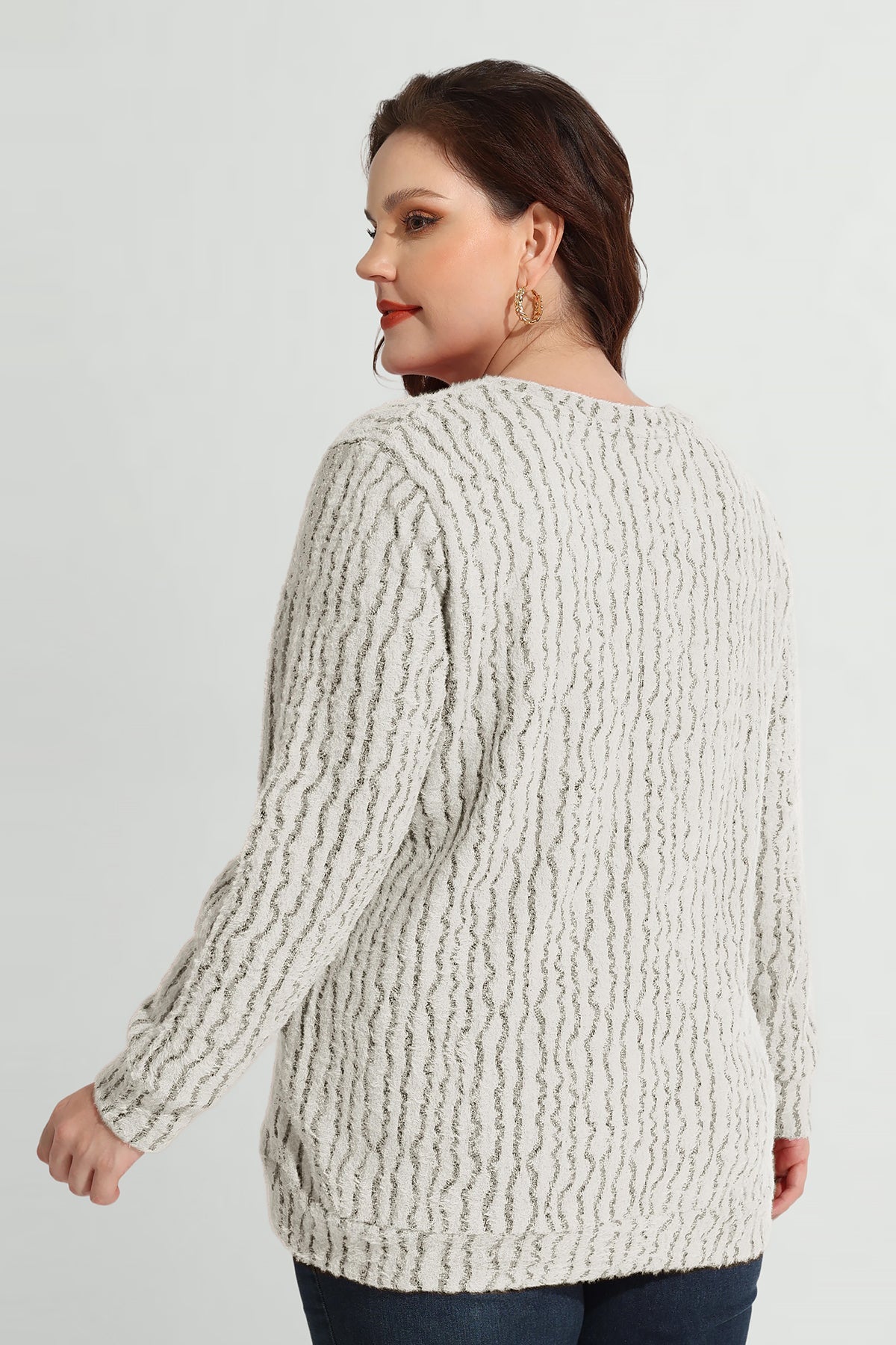 Texture V Neck Knit Velvet Long Sleeve Pullover Sweater