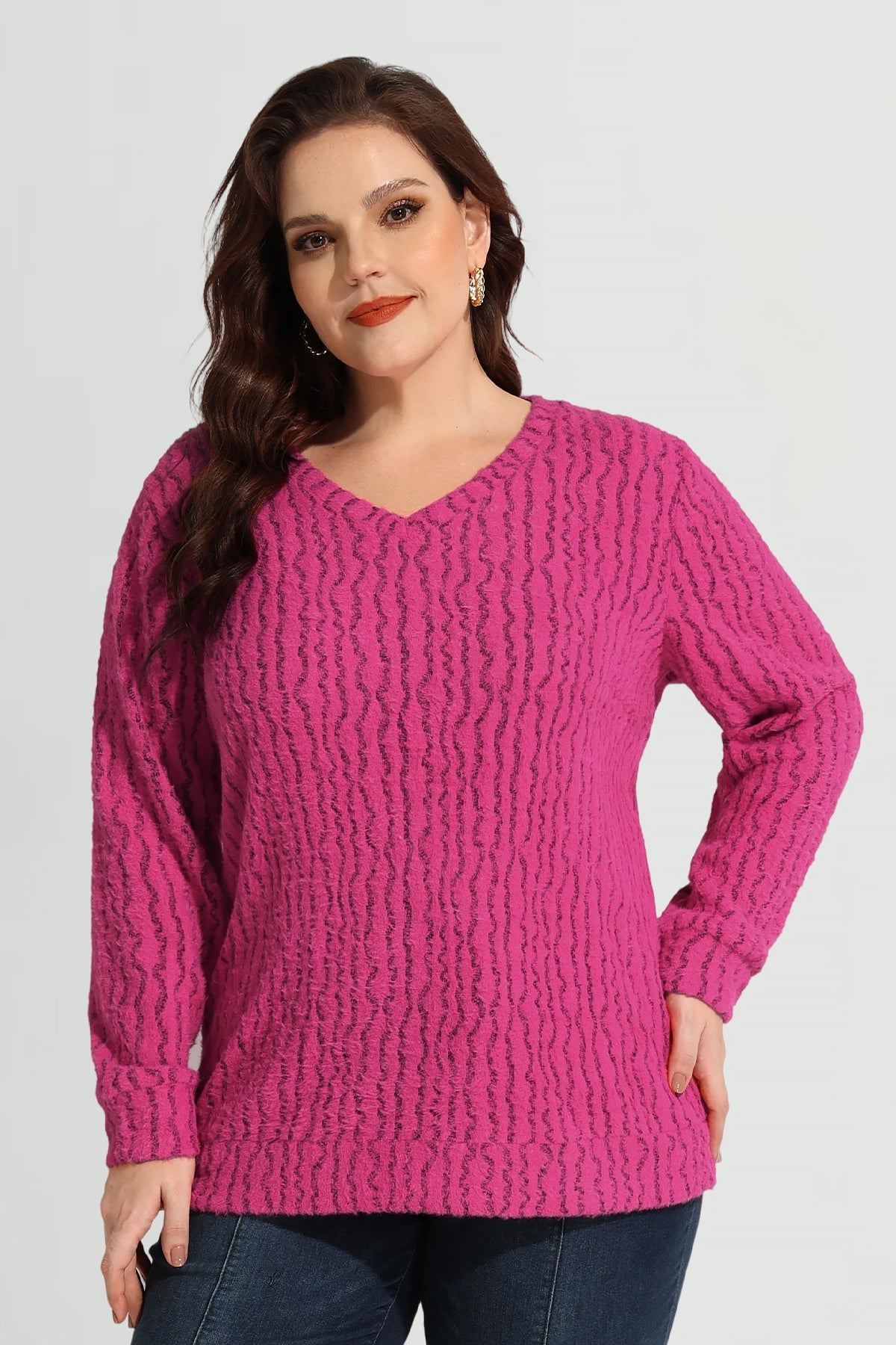 Texture V Neck Knit Velvet Long Sleeve Pullover Sweater