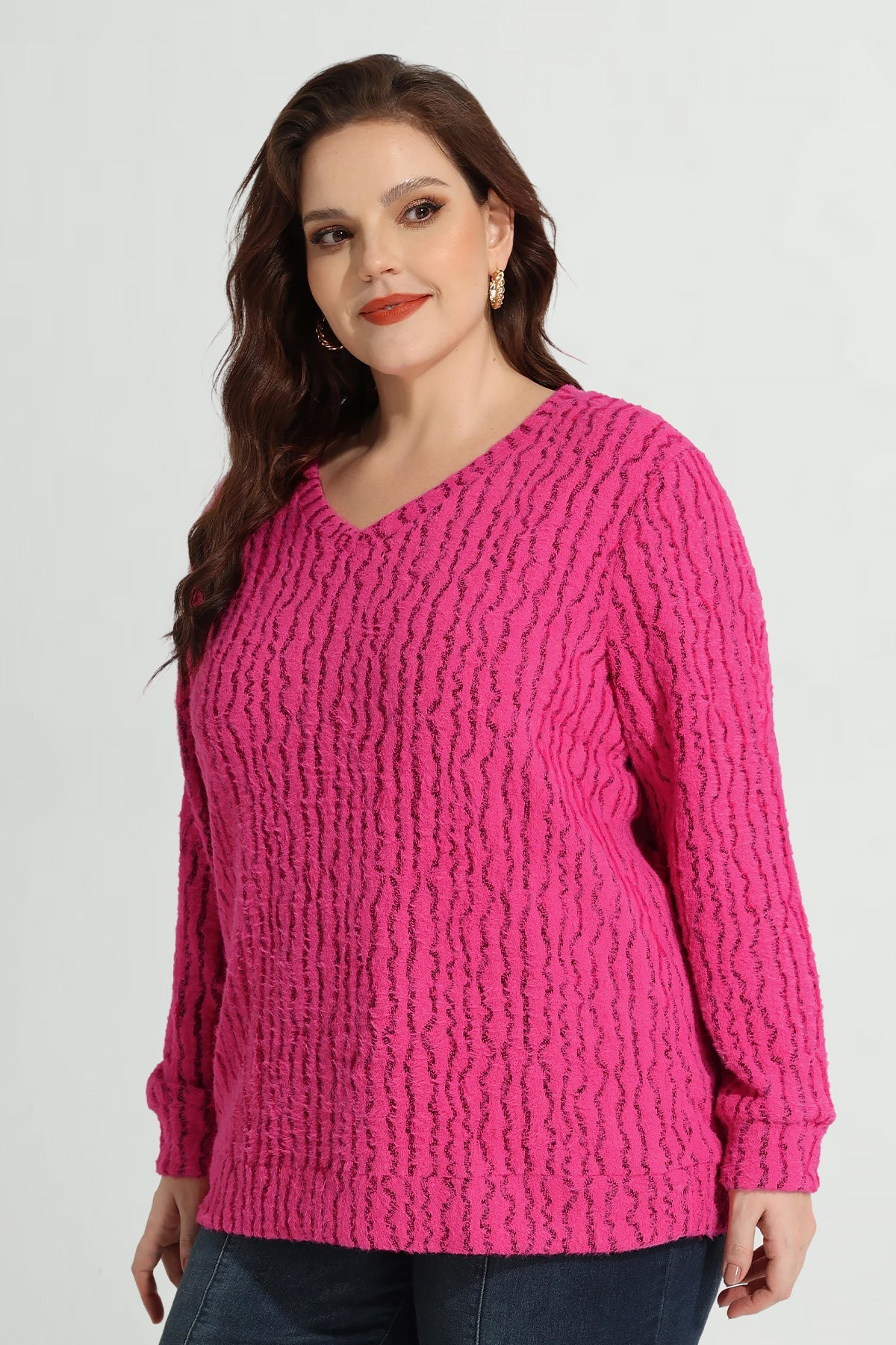 Texture V Neck Knit Velvet Long Sleeve Pullover Sweater