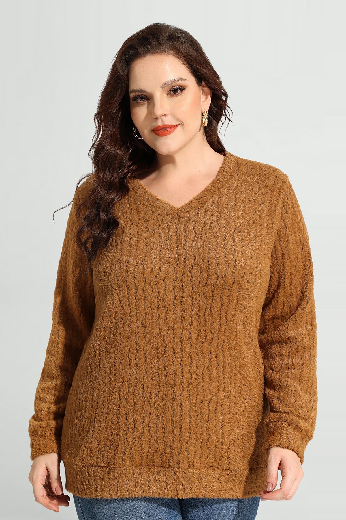 Texture V Neck Knit Velvet Long Sleeve Pullover Sweater