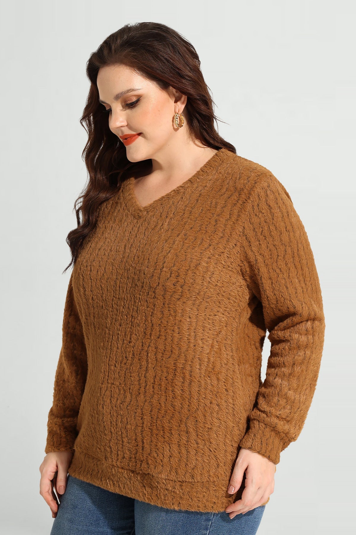 Texture V Neck Knit Velvet Long Sleeve Pullover Sweater