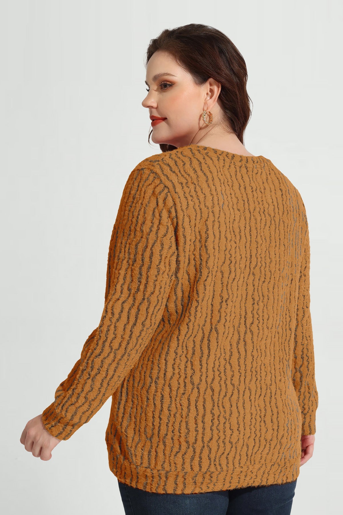 Texture V Neck Knit Velvet Long Sleeve Pullover Sweater