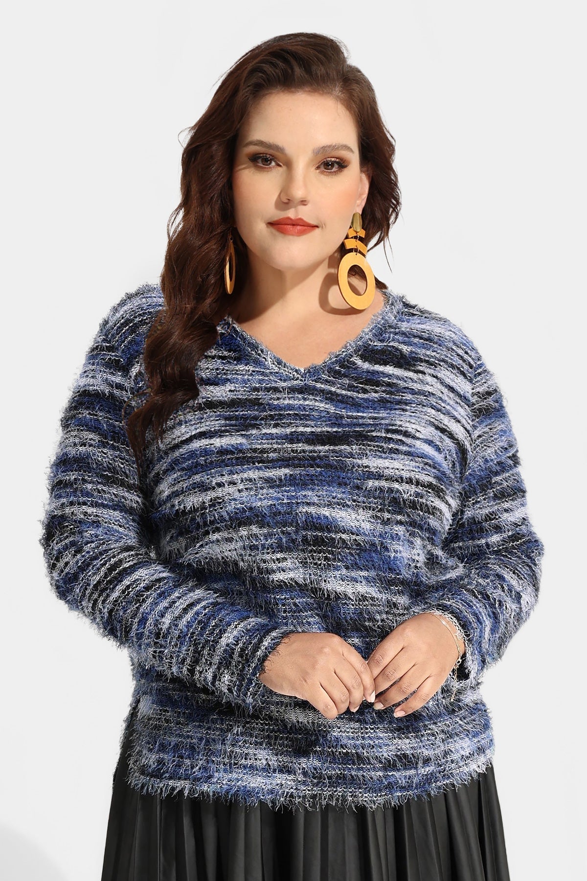 Striped Velvet Knit Split Hem Long Sleeve Sweater