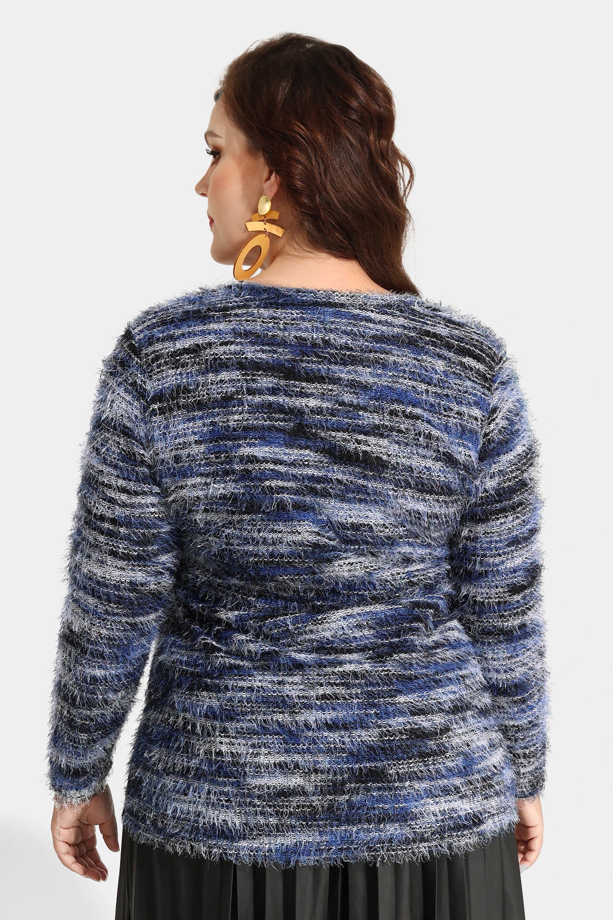 Striped Velvet Knit Split Hem Long Sleeve Sweater