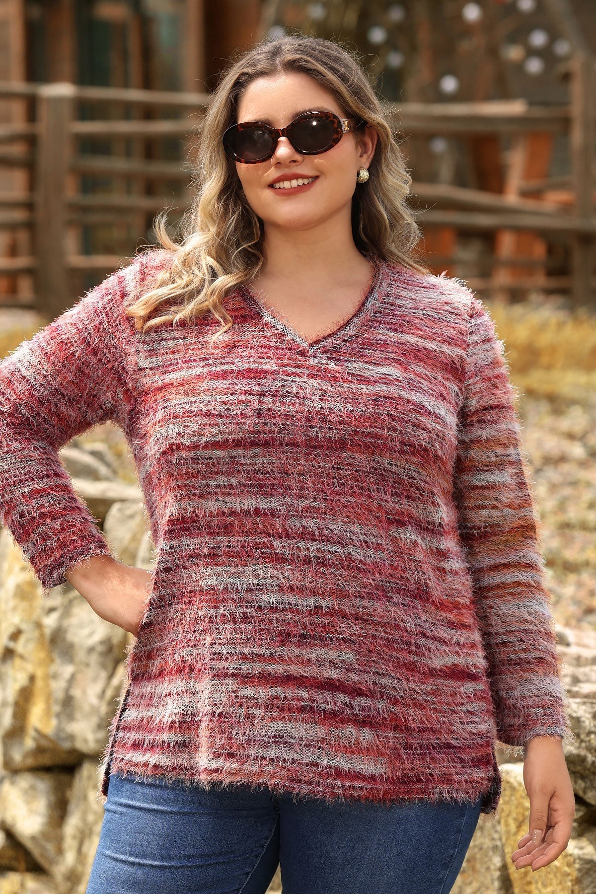 Striped Velvet Knit Split Hem Long Sleeve Sweater