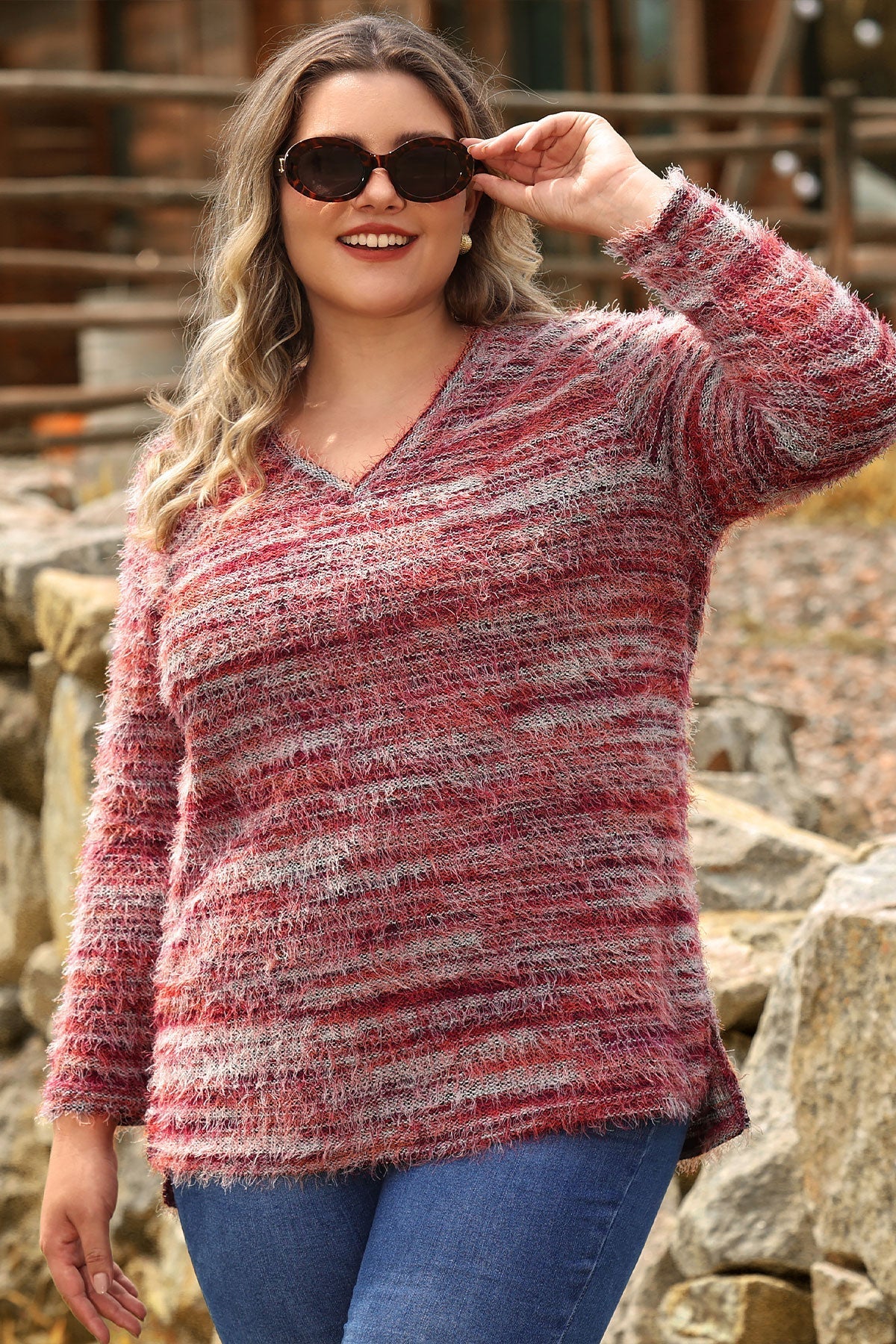 Striped Velvet Knit Split Hem Long Sleeve Sweater