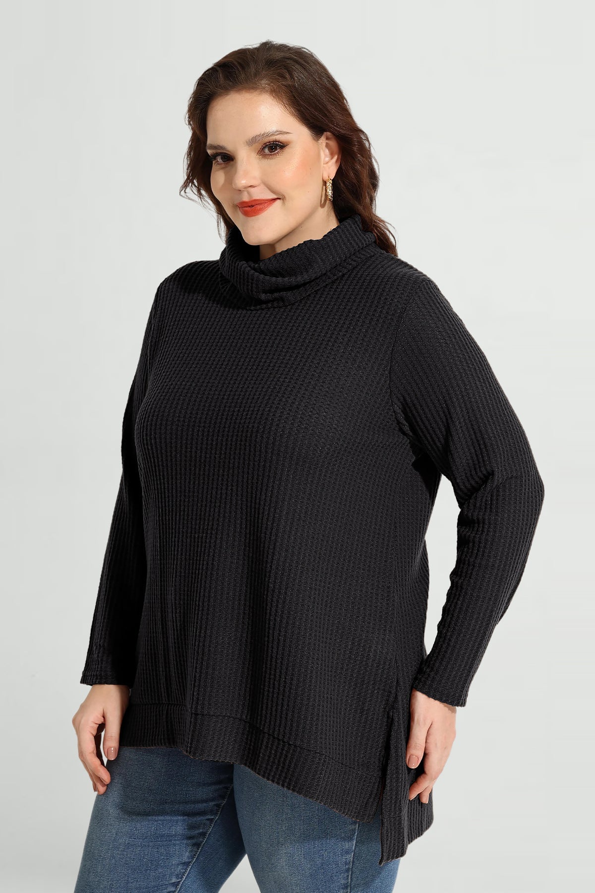 Cowl Neck Split Hem Long Sleeve Tunic Shirt