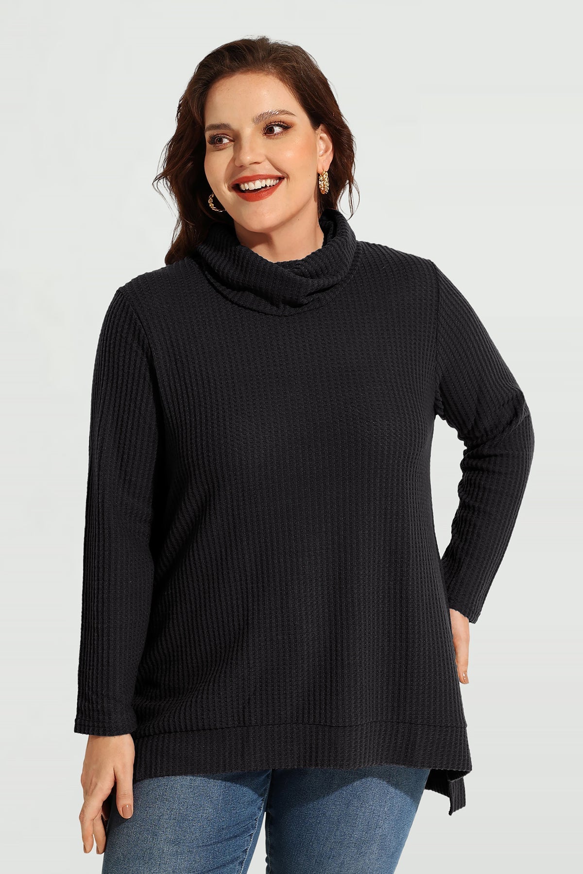 Cowl Neck Split Hem Long Sleeve Tunic Shirt