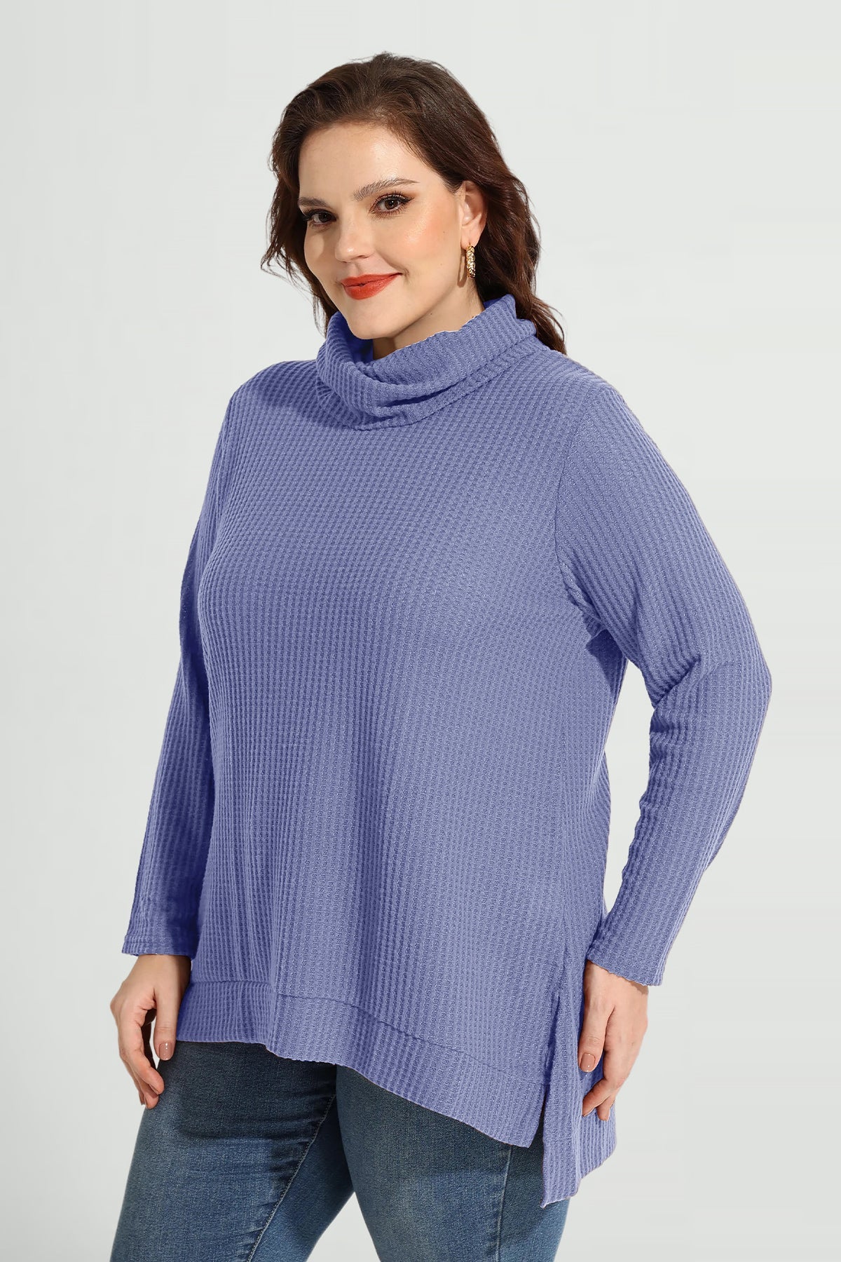 Cowl Neck Split Hem Long Sleeve Tunic Shirt