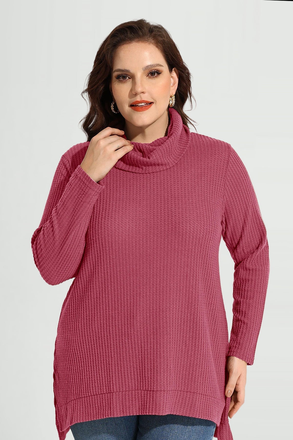 Cowl Neck Split Hem Long Sleeve Tunic Shirt
