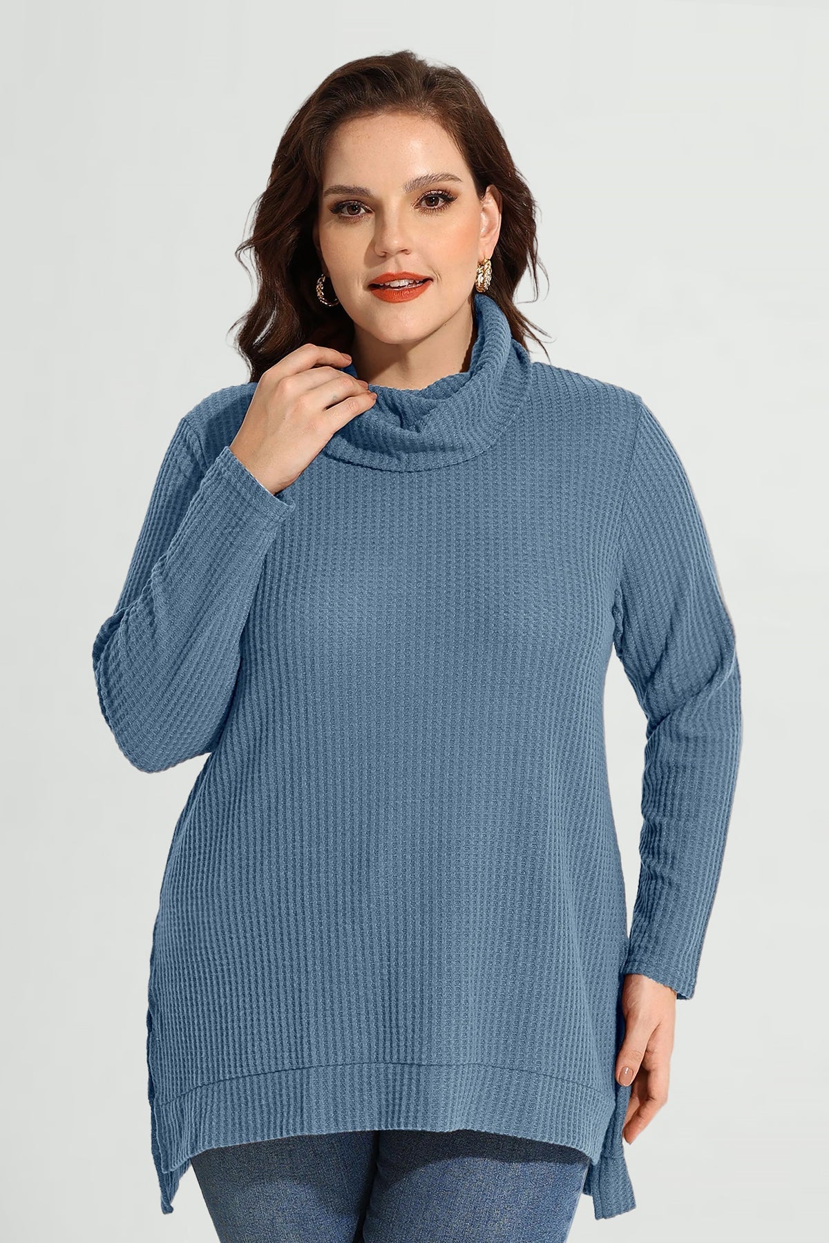 Cowl Neck Split Hem Long Sleeve Tunic Shirt