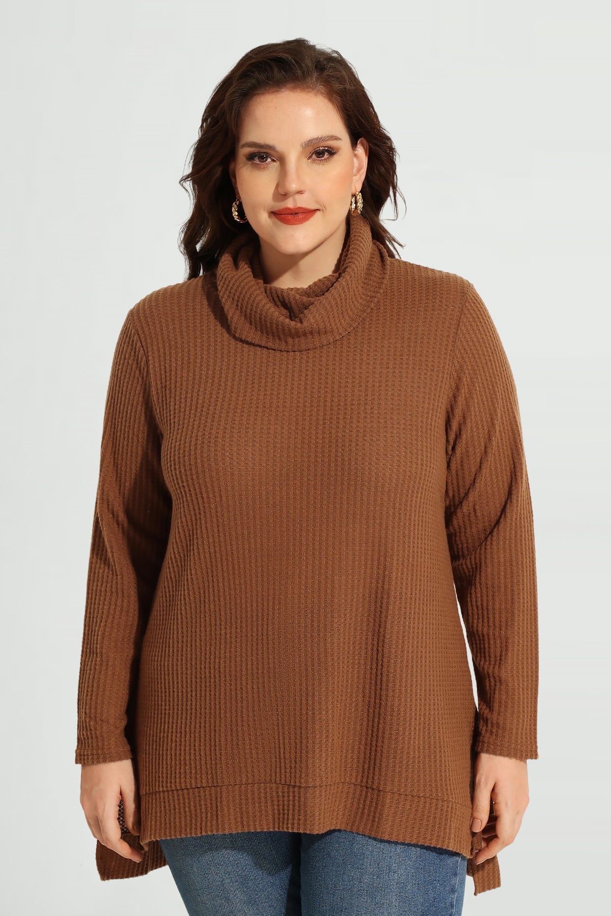 Cowl Neck Split Hem Long Sleeve Tunic Shirt