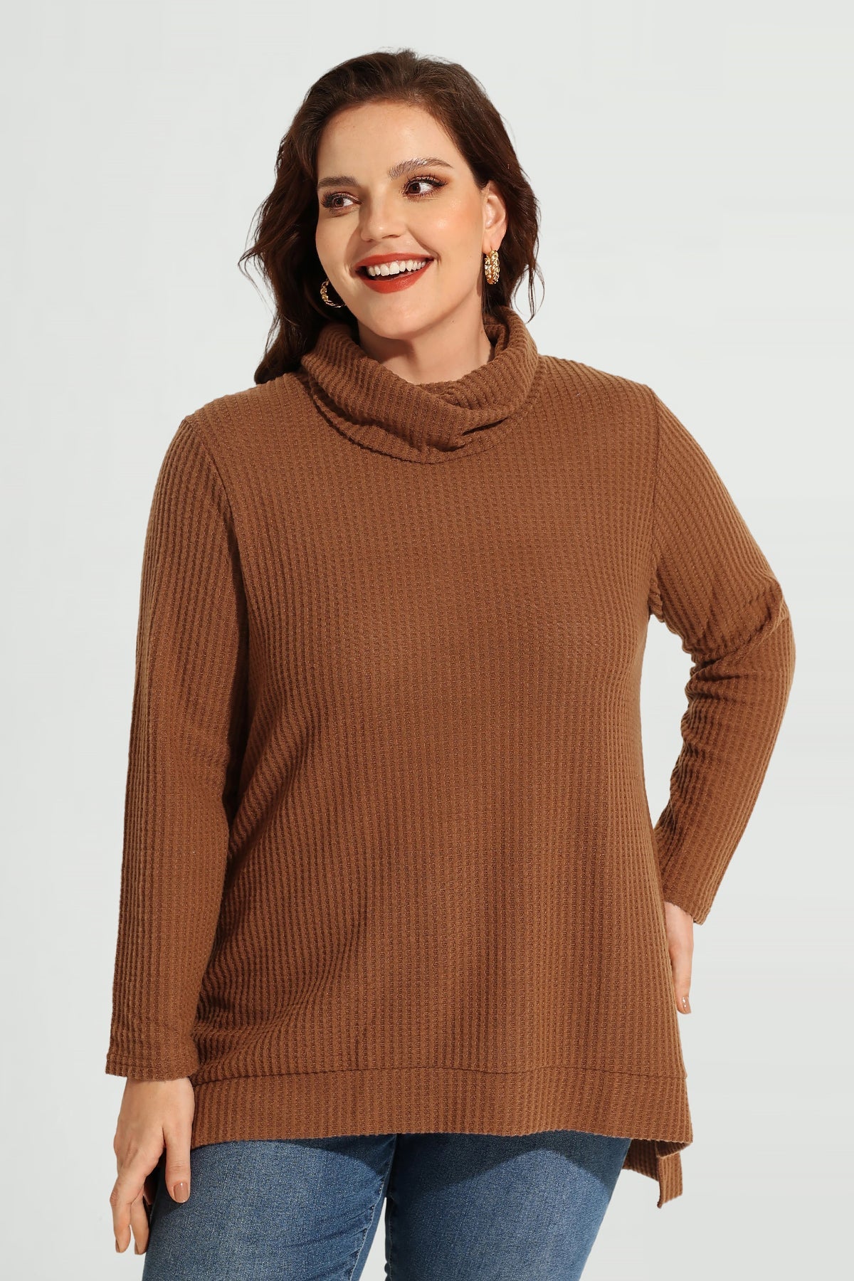 Cowl Neck Split Hem Long Sleeve Tunic Shirt